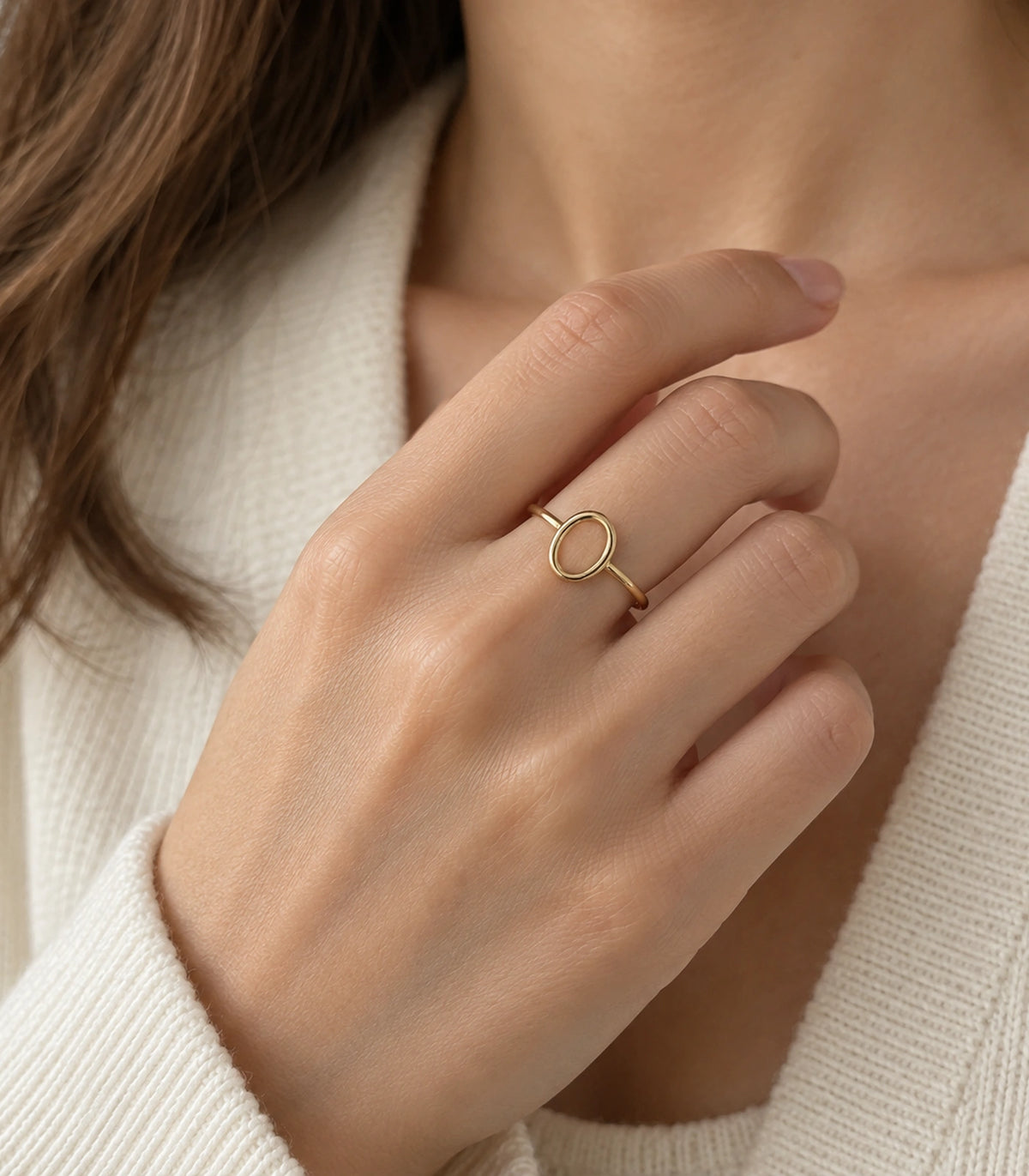 Gold Open Oval Minimal Ring worn with cream knit styling