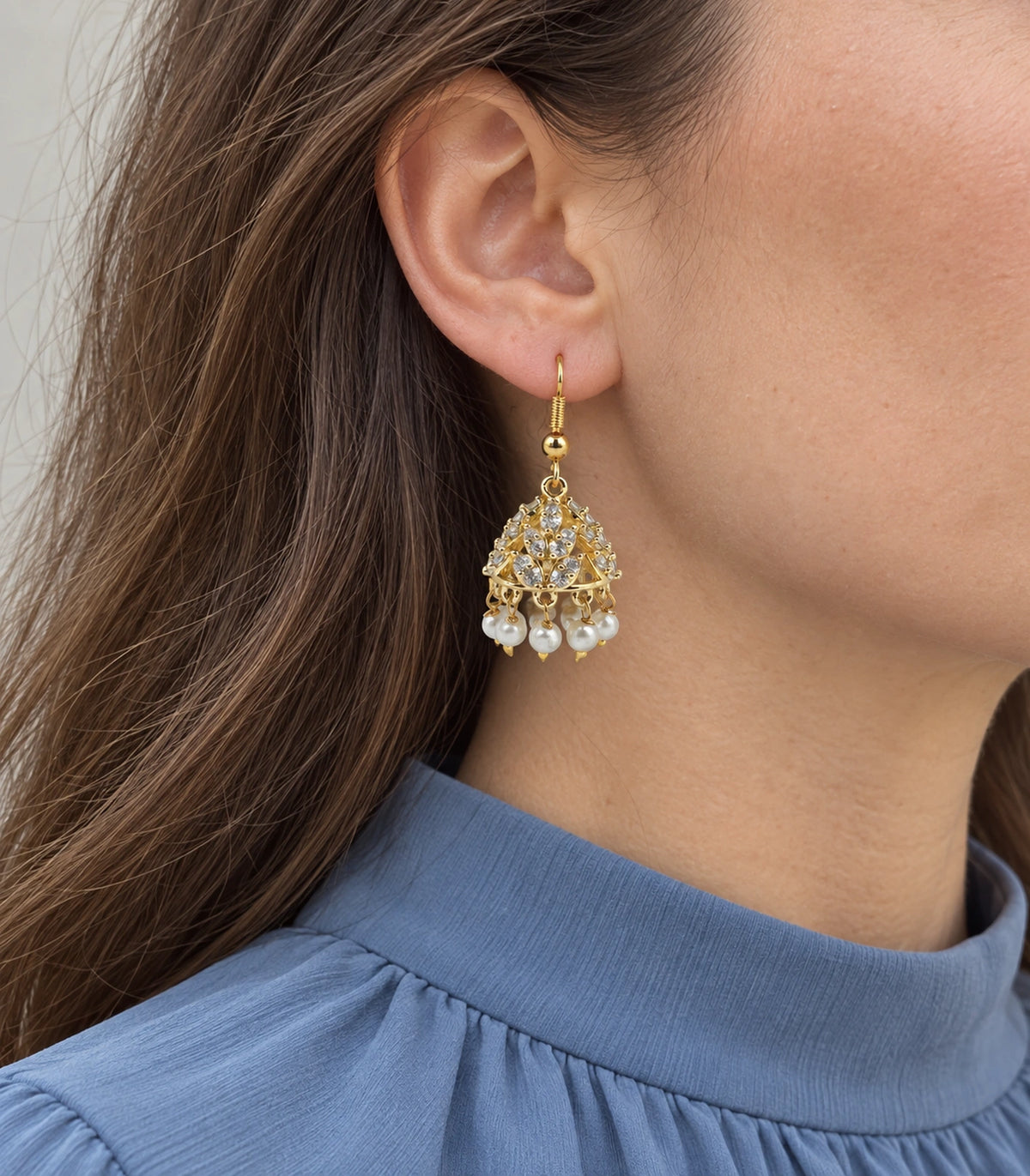 JIMIKI Openwork Crystal Leaf Pearl Hook Jhumka Earrings in Gold - worn styling view #color_gold