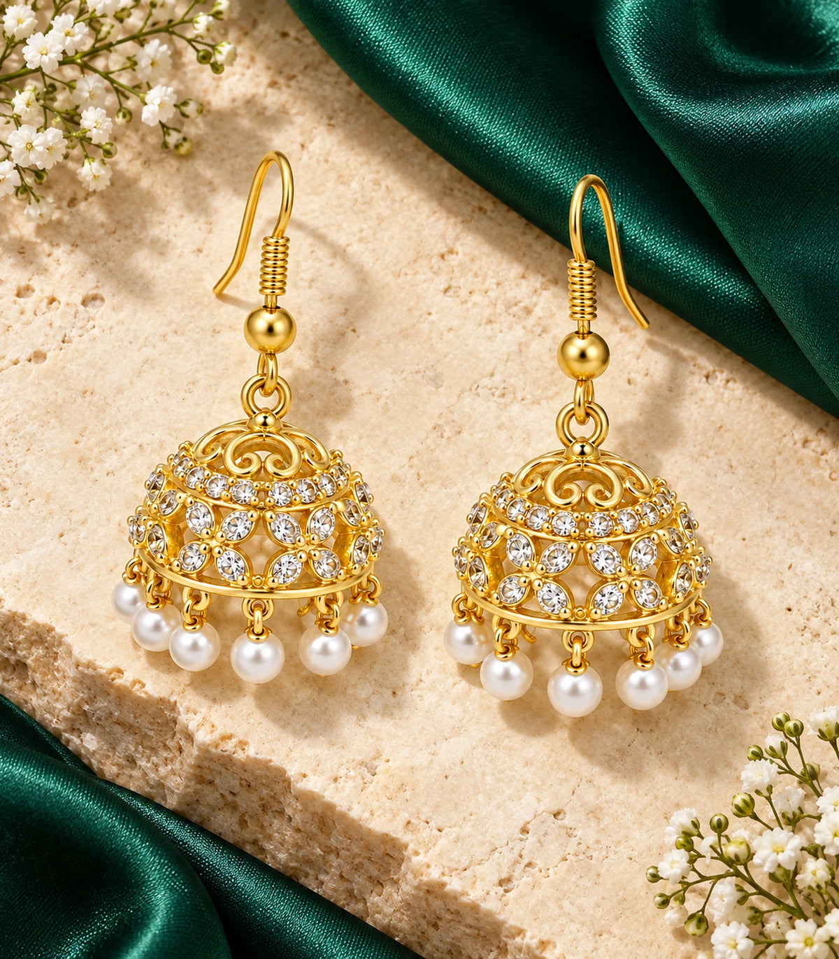 JIMIKI Gold Openwork Floral Crystal Jhumka Earrings - Matching pair on pale stone with green fabric #color_gold