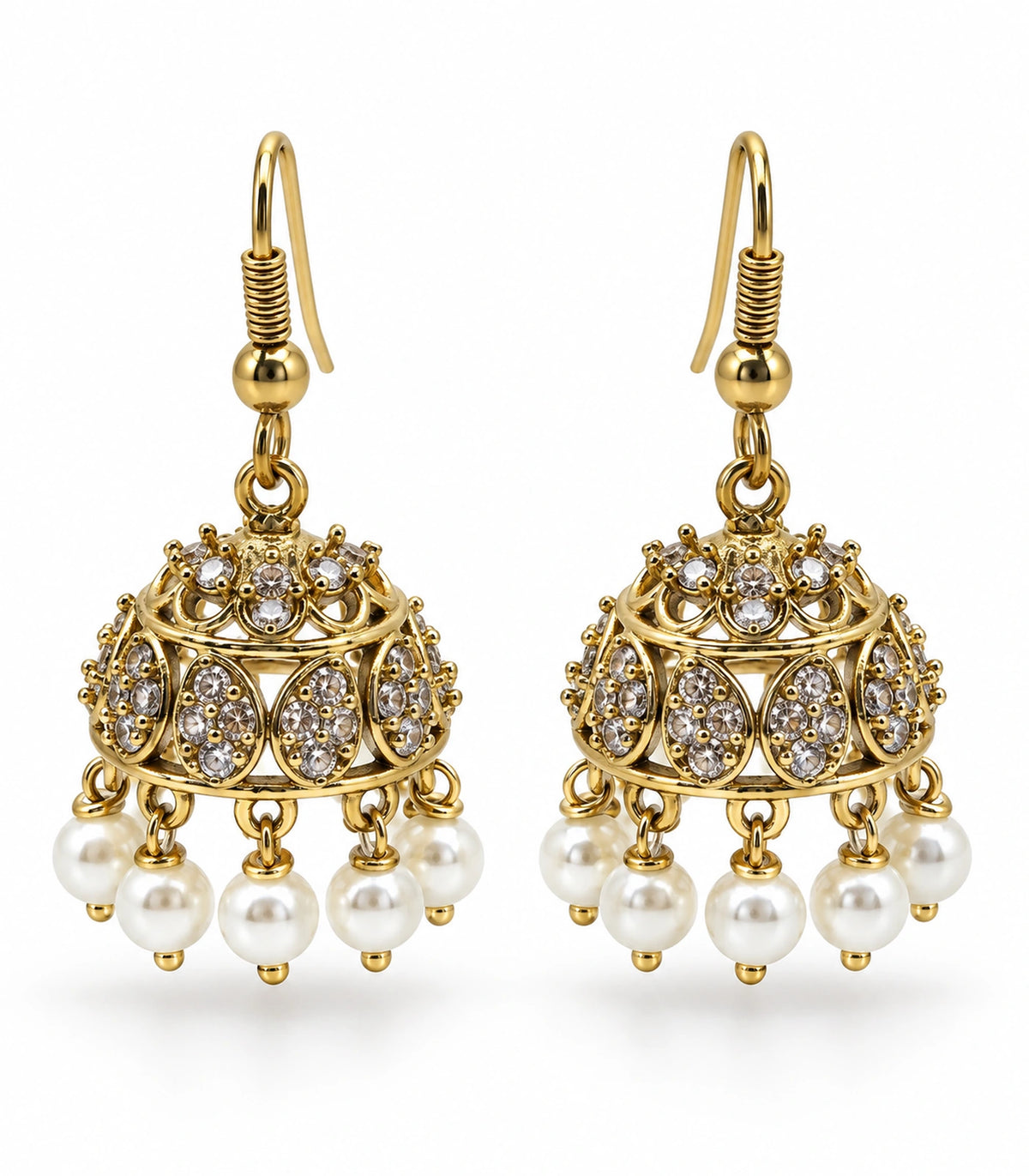 JIMIKI Gold Oval Crystal Pearl Hook Jhumka Earrings - Gold pair on white background #color_gold