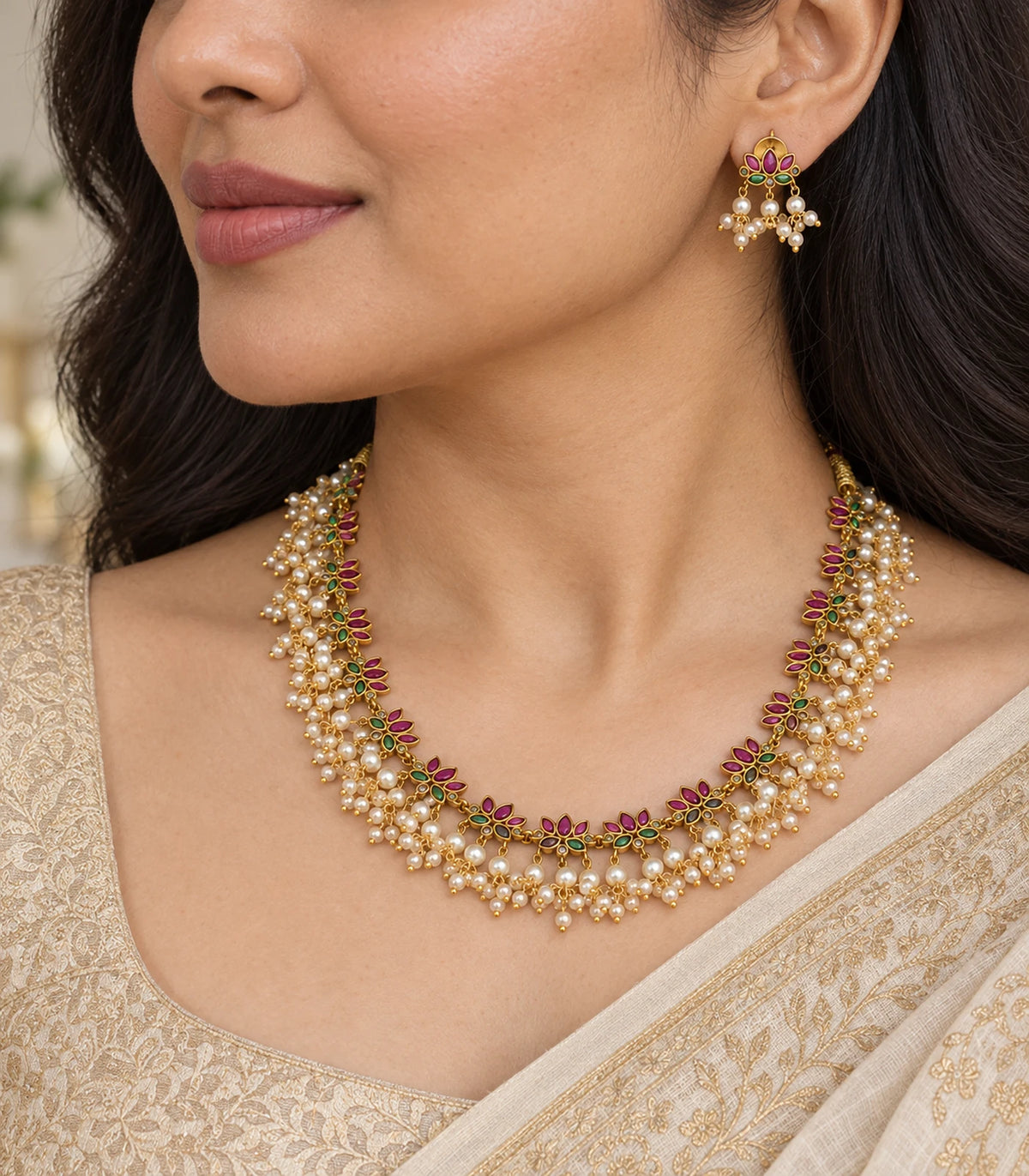 Close view of the floral necklace and matching earring with magenta and green accents