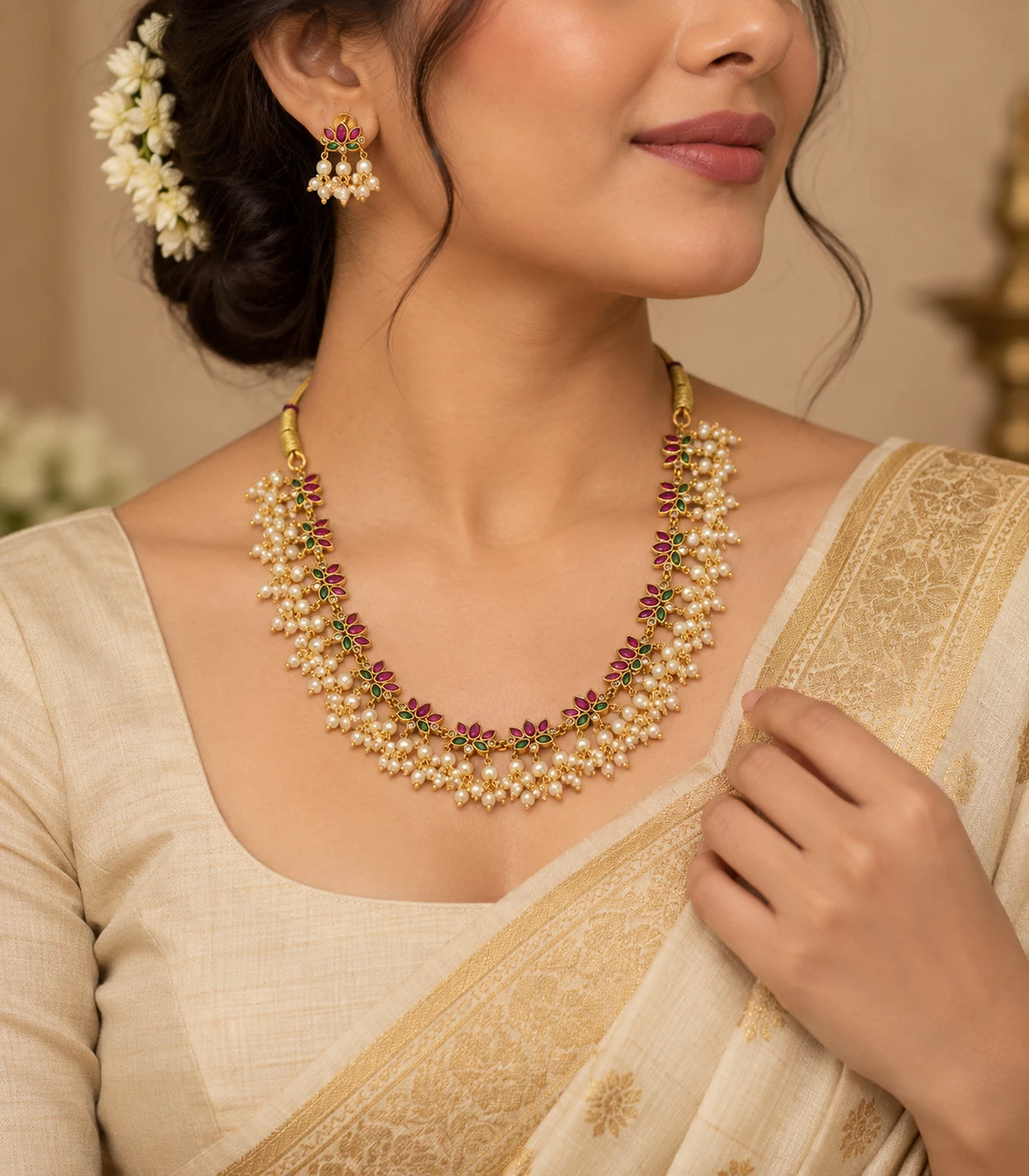 Gold Pearl Fringe Floral Necklace Set worn with a cream saree in an editorial portrait