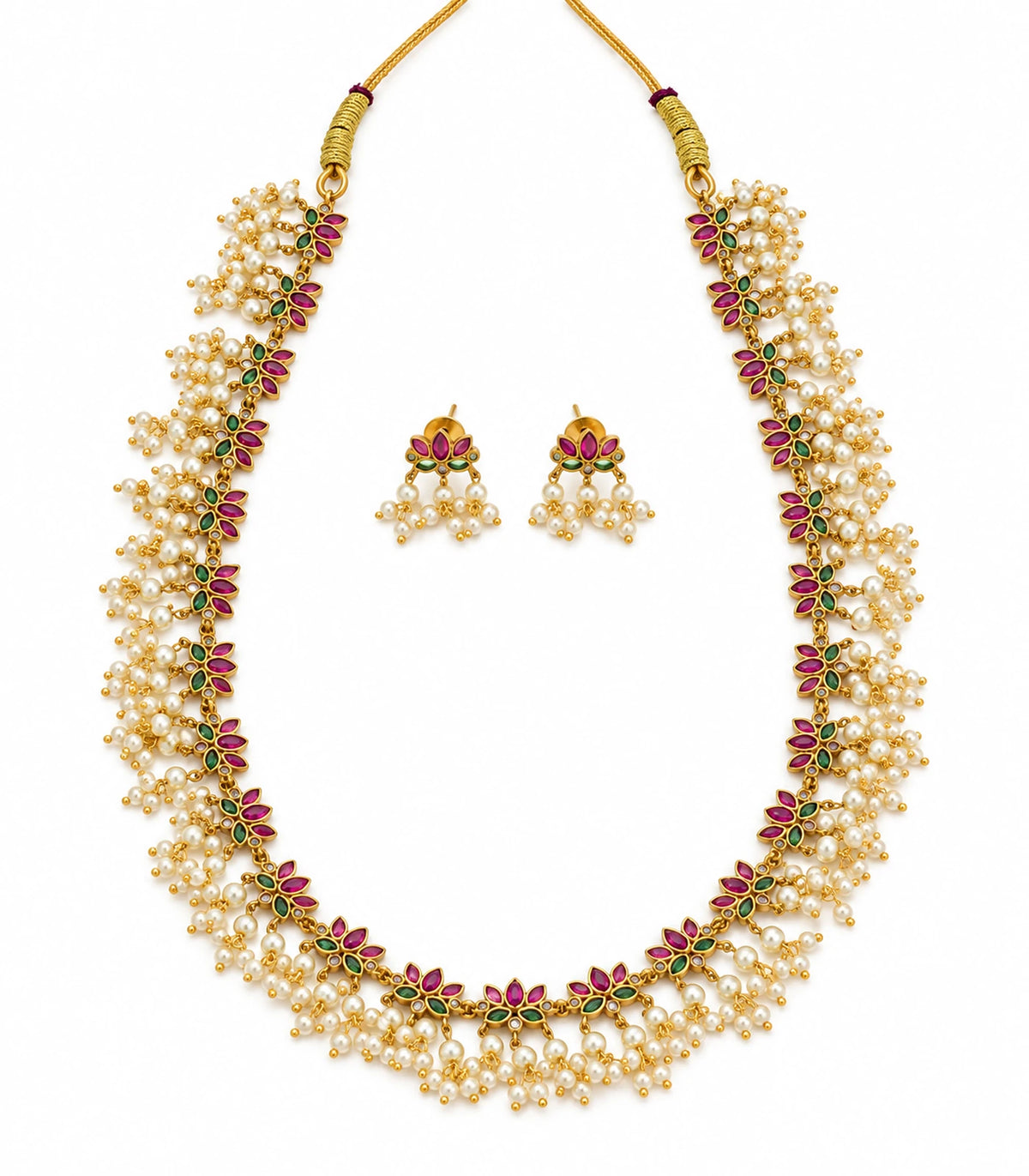 Gold Pearl Fringe Floral Necklace Set with matching earrings on a white background