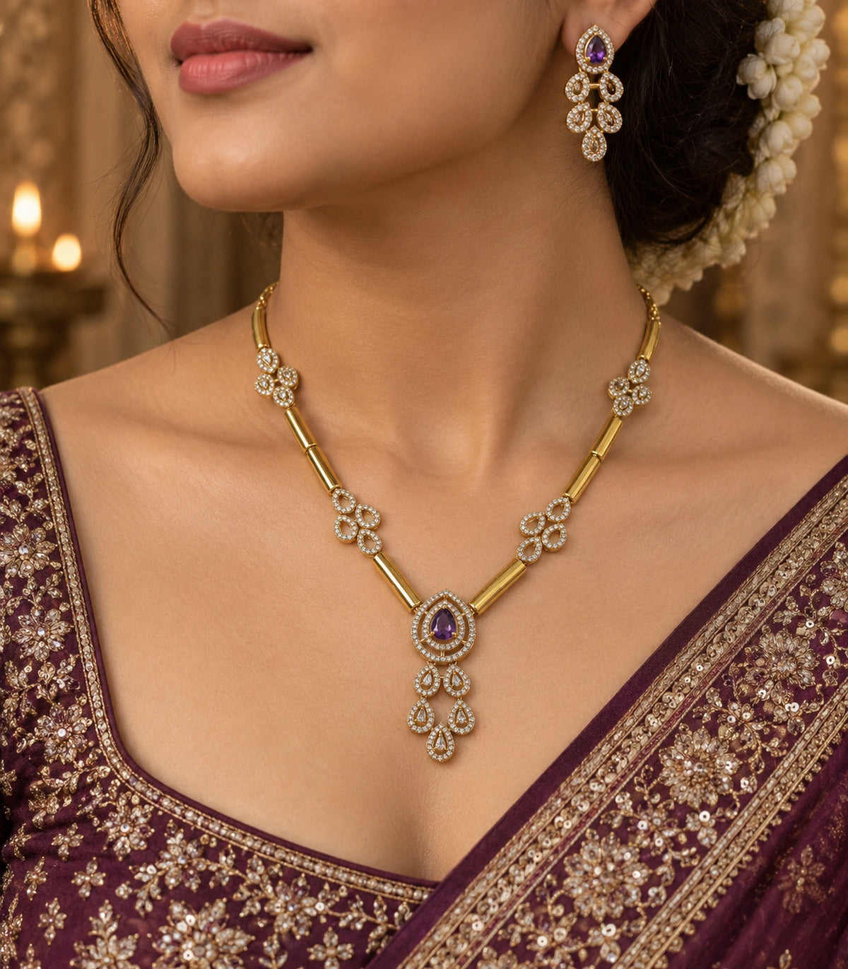 Gold-tone purple teardrop necklace set worn with a purple outfit