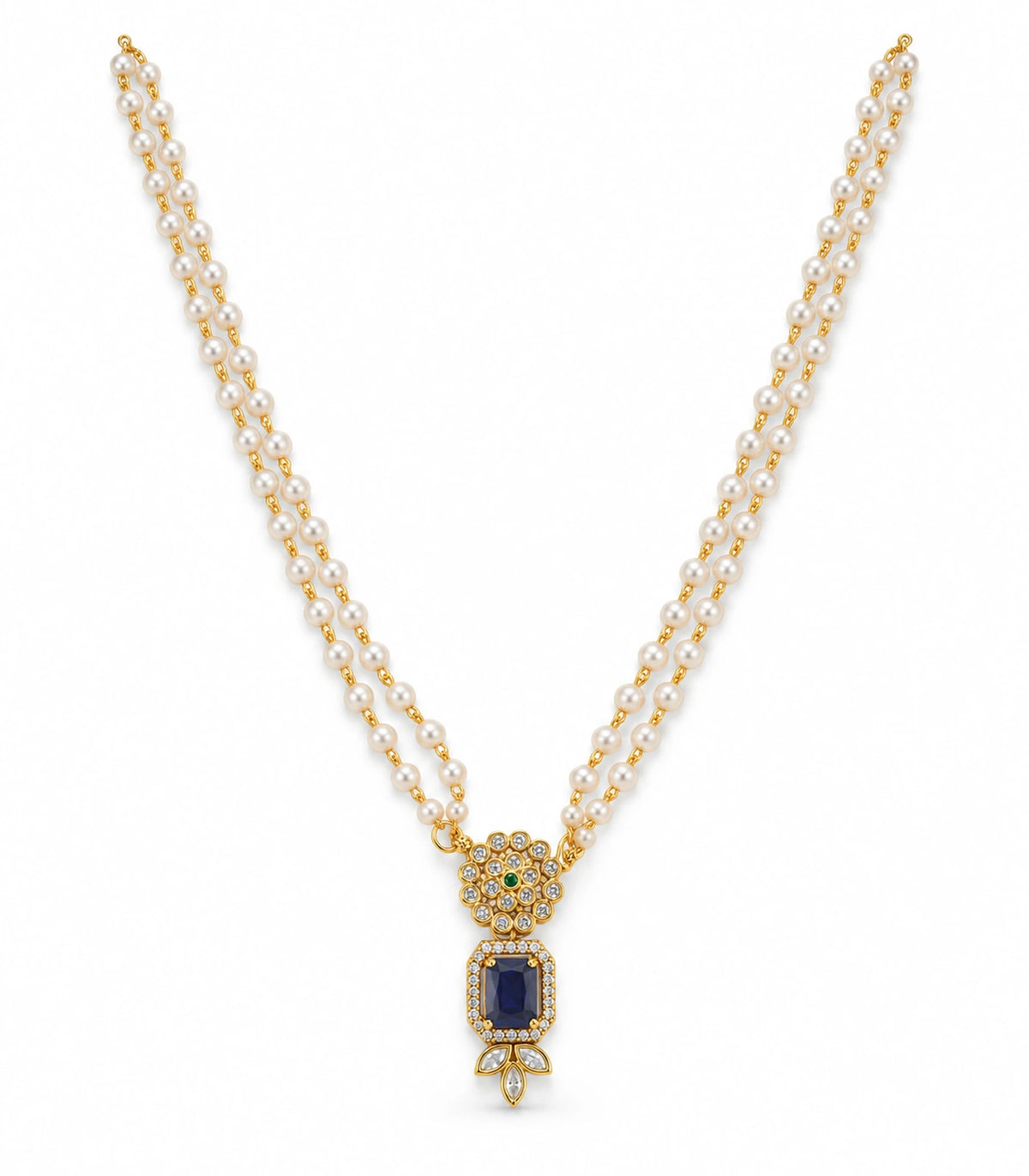Gold Sapphire Kundan Double Pearl Necklace on a white background