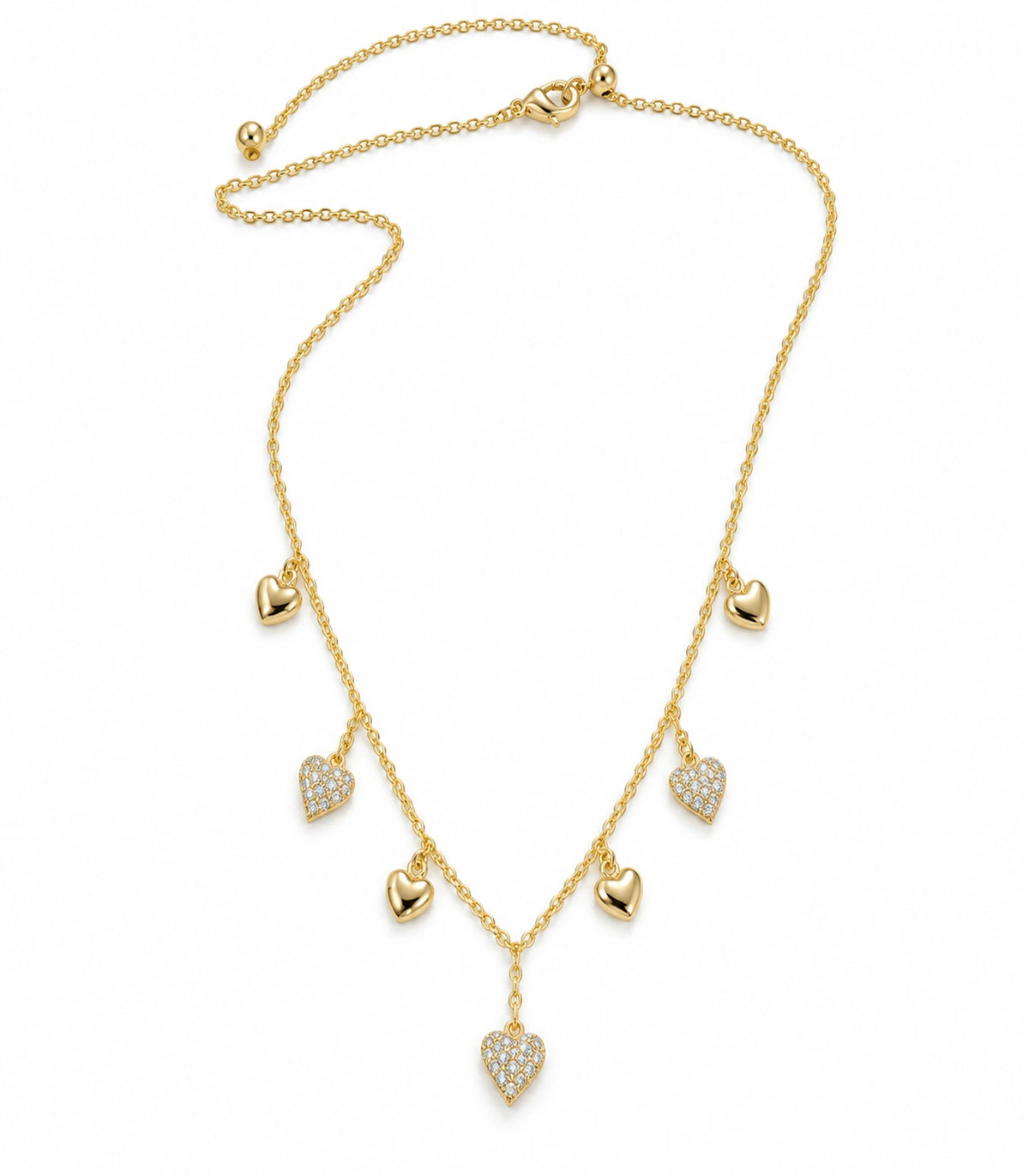 JIMIKI Gold Seven Heart Charm Necklace - complete seven-heart necklace on white background #color_gold