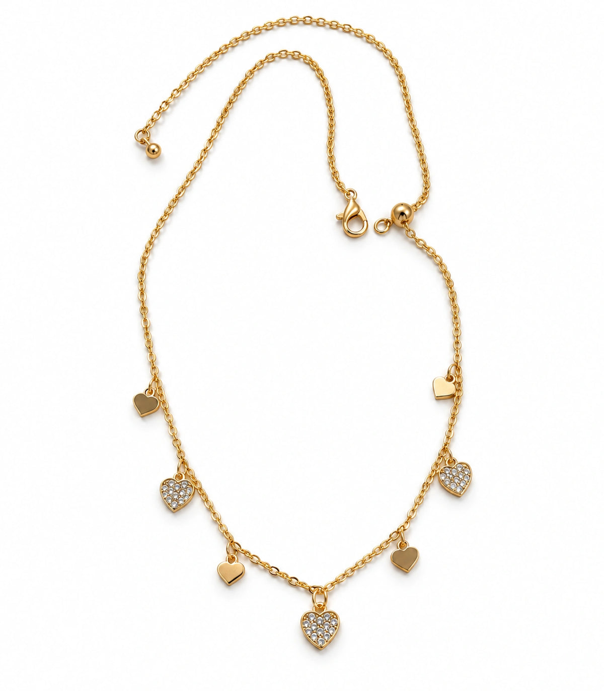 JIMIKI adjustable gold-tone seven heart charm necklace, complete necklace on white showing the clasp, sliding bead and seven hearts #color_gold
