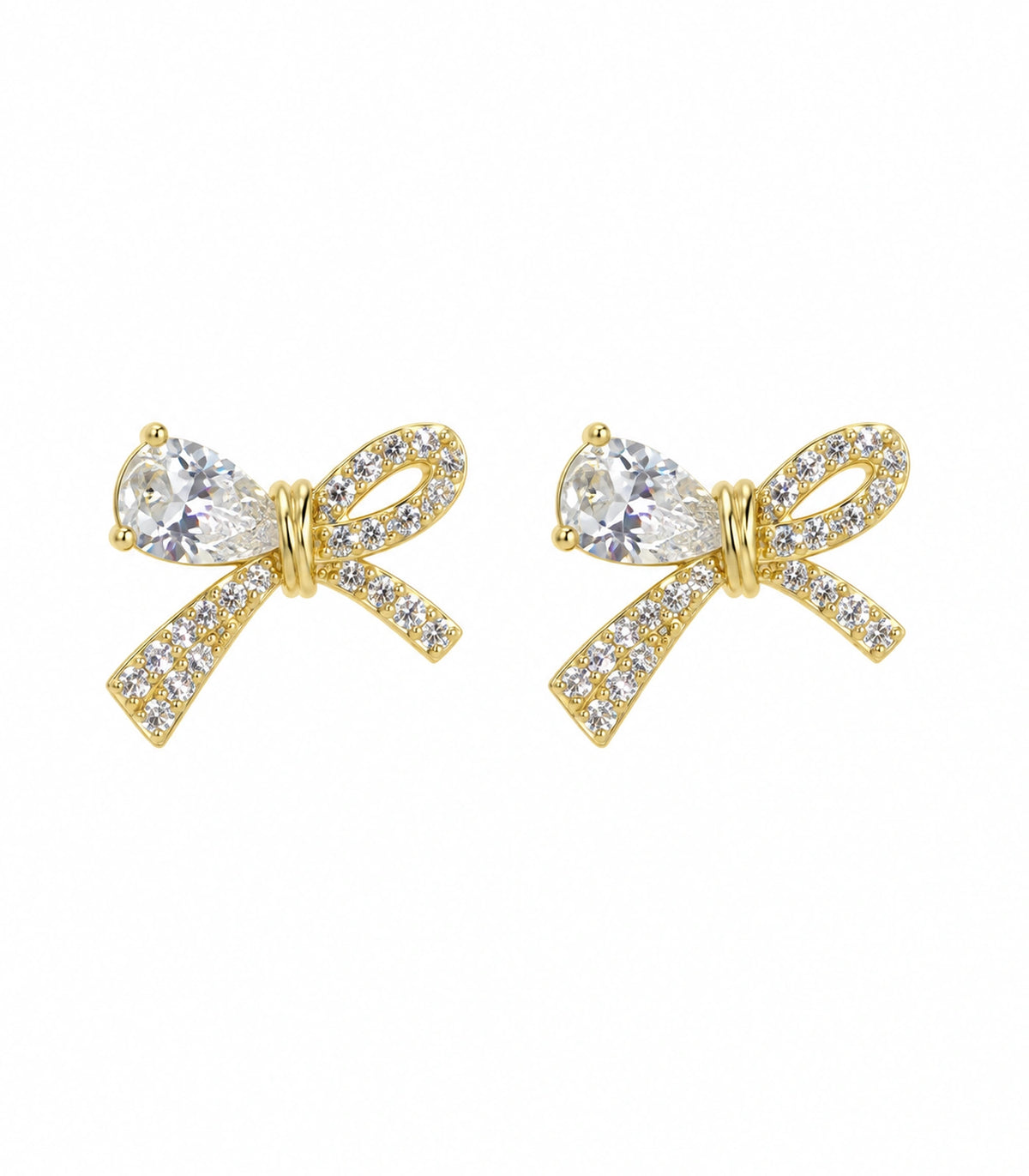 JIMIKI Gold-Tone Asymmetric Crystal Bow Stud Earrings in Gold / Clear, white background product view