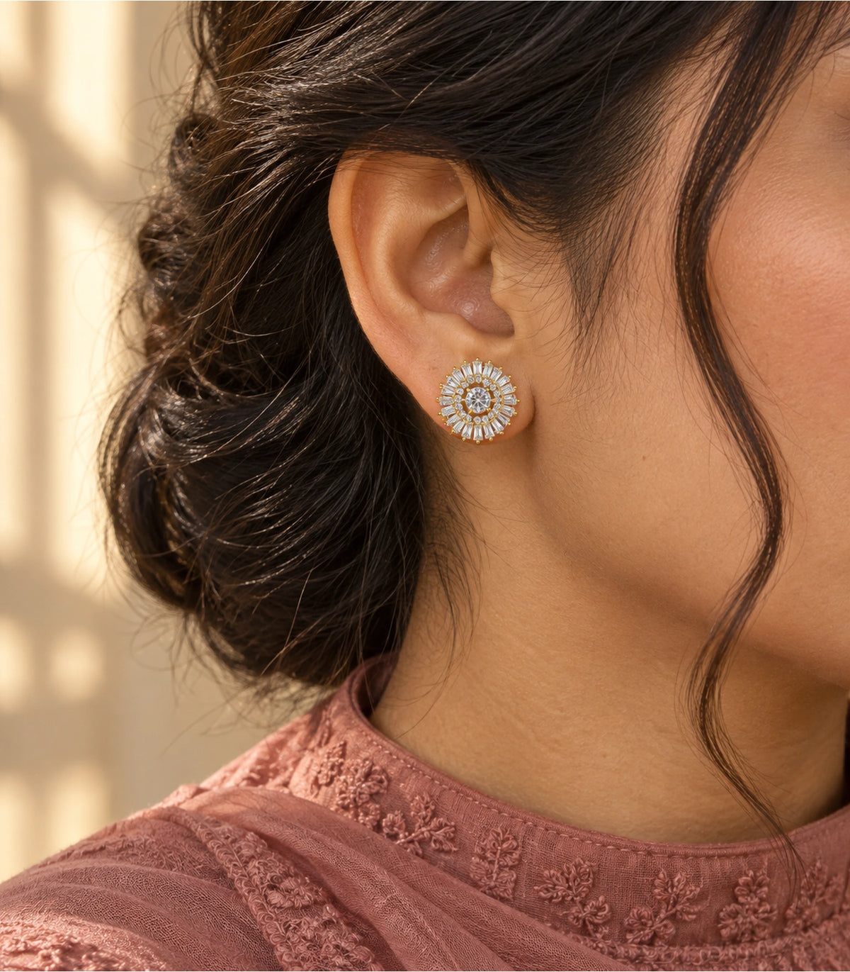 JIMIKI Baguette Halo Round Crystal Stud Earring Pair in Gold Tone, model wearing view #color_gold tone