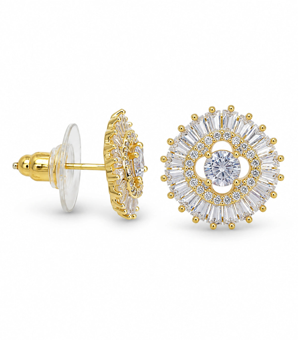 JIMIKI Baguette Halo Round Crystal Stud Earring Pair in Gold Tone, white background product view #color_gold tone