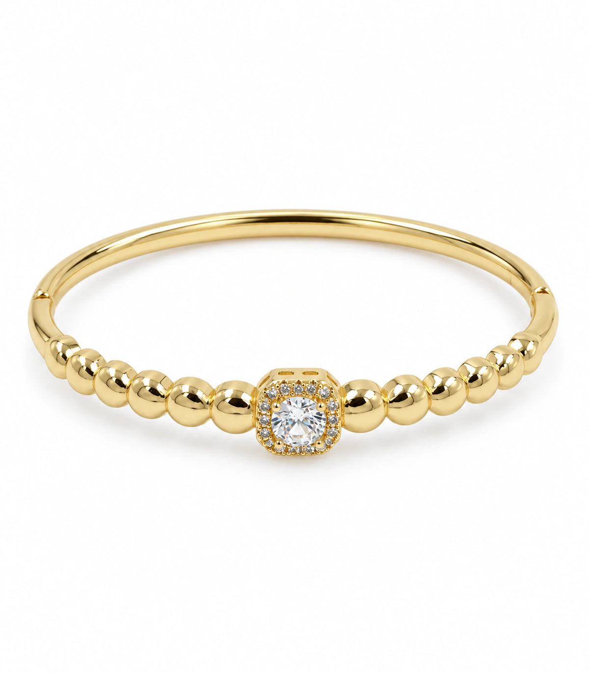 JIMIKI Gold-Tone Beaded Square Halo Bangle — bangle on white background #color_gold-tone / clear