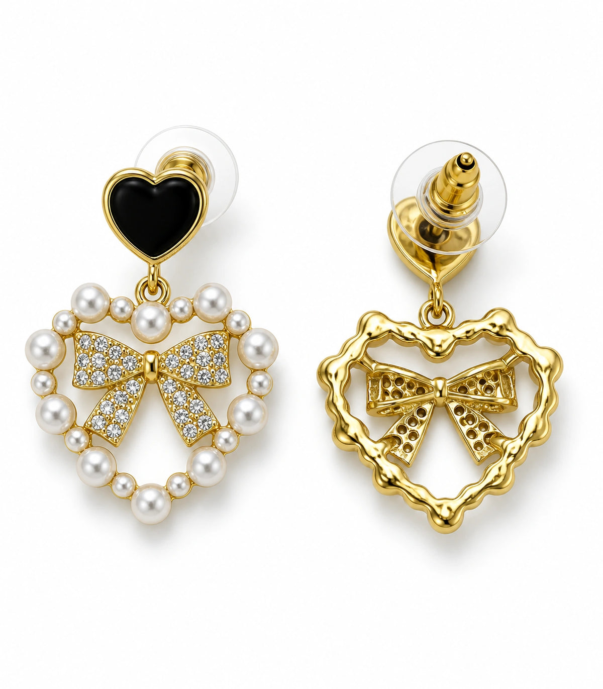 JIMIKI Heart Pearl Bow Drop Earring Pair in Gold Tone / Black, white background product view #color_gold tone / black