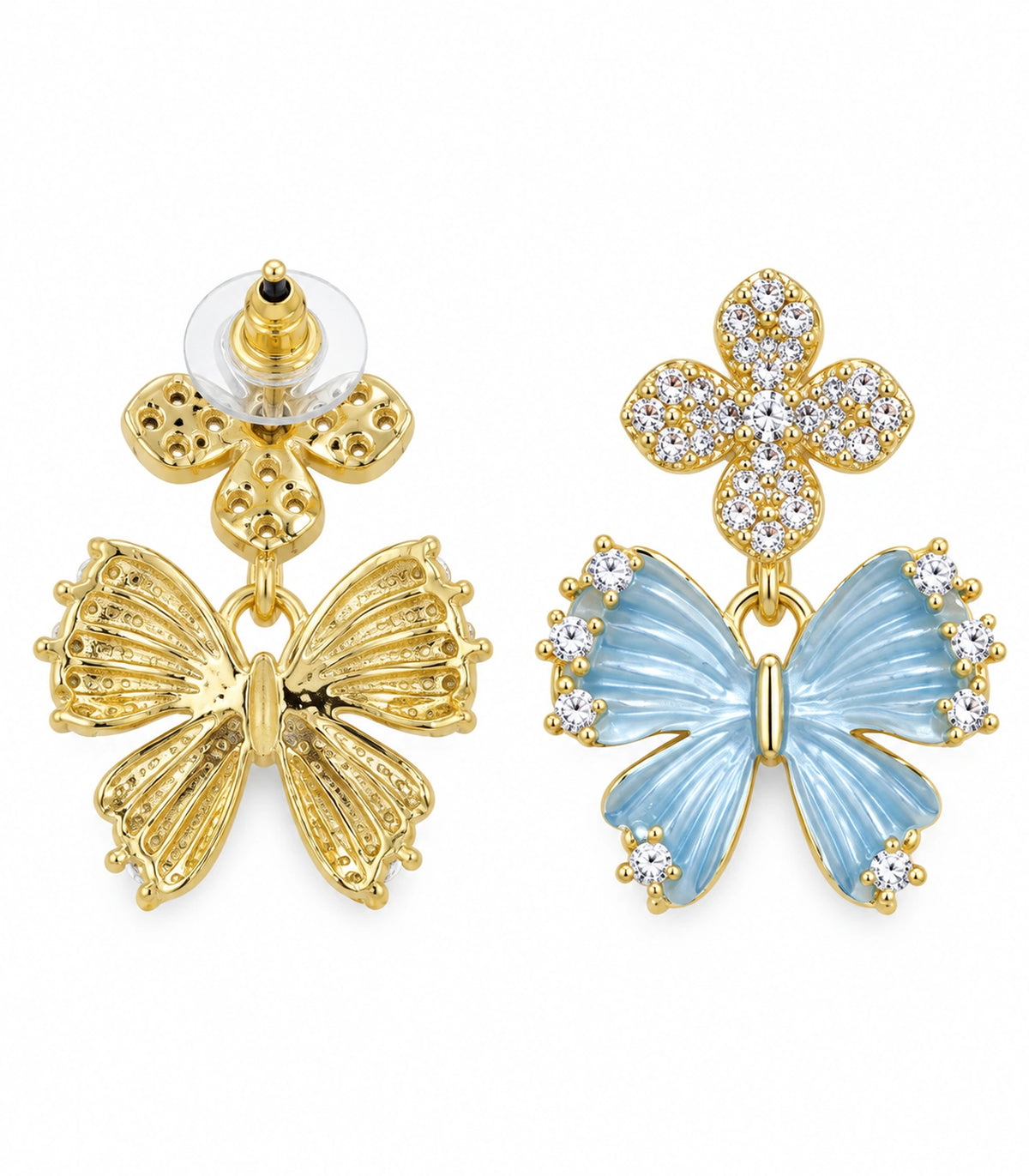JIMIKI Butterfly Crystal Flower Drop Earring Pair in Gold tone / Blue, white background product view #color_gold tone / blue