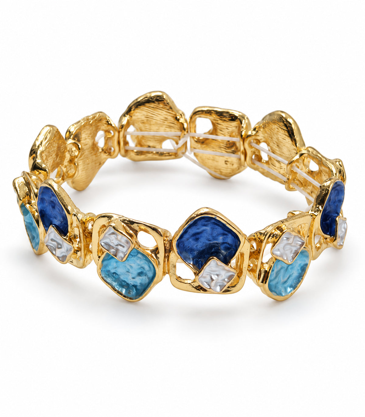 Gold-tone blue geometric openwork bracelet — white background view