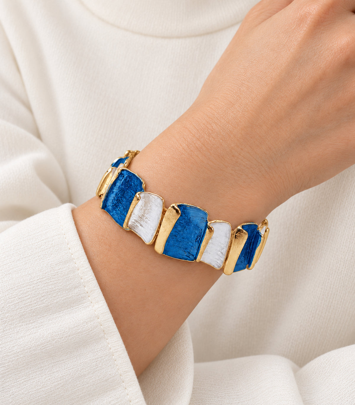 JIMIKI gold-tone blue and white rectangle panel bracelet — closeup