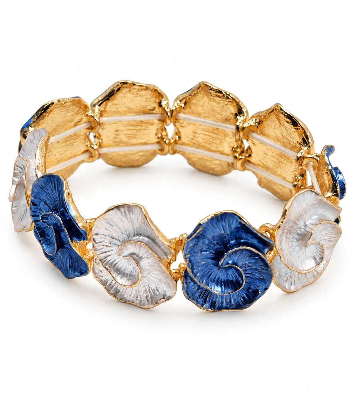 Gold-tone blue and white spiral-shell bracelet — white background view