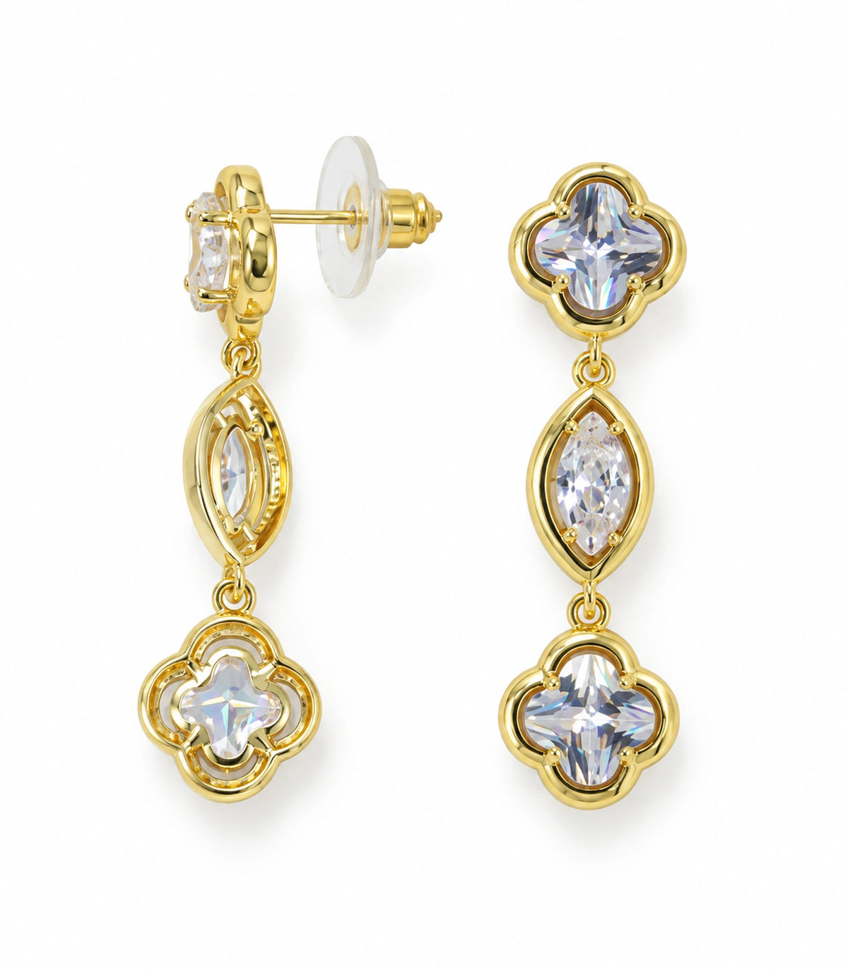 JIMIKI Clover Marquise Crystal Drop Earrings in Gold Tone, white background product view #color_gold tone