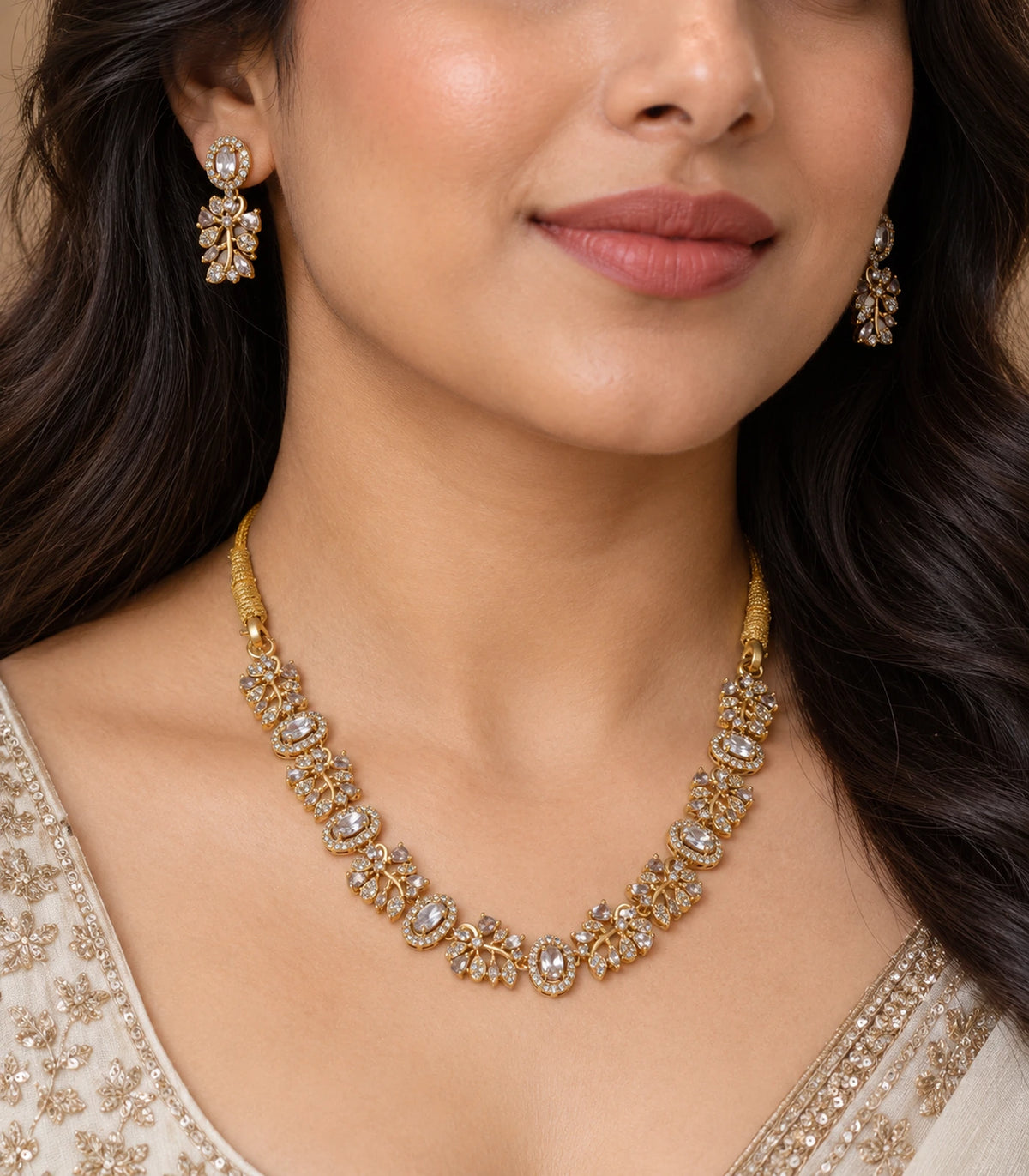 Close view of the Clear Crystal Floral-Link Necklace Set and matching earrings #Color_Clear Crystal