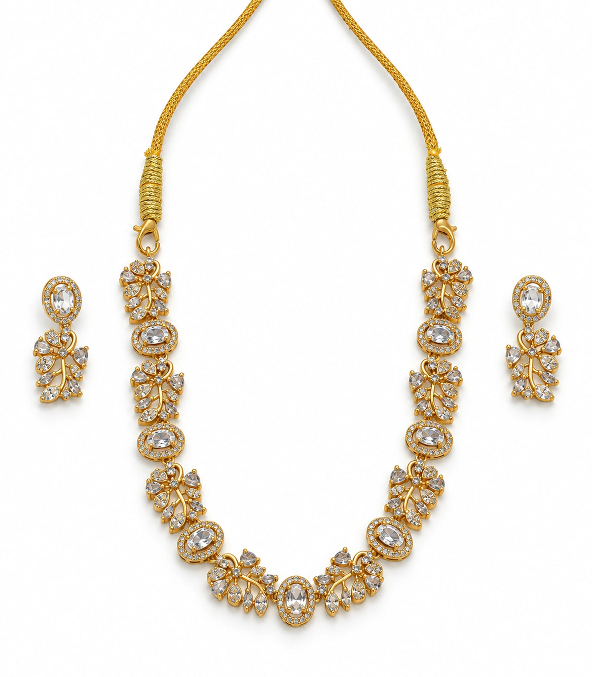Crystal Floral-Link Necklace Set in Clear Crystal with matching earrings on white background #Color_Clear Crystal