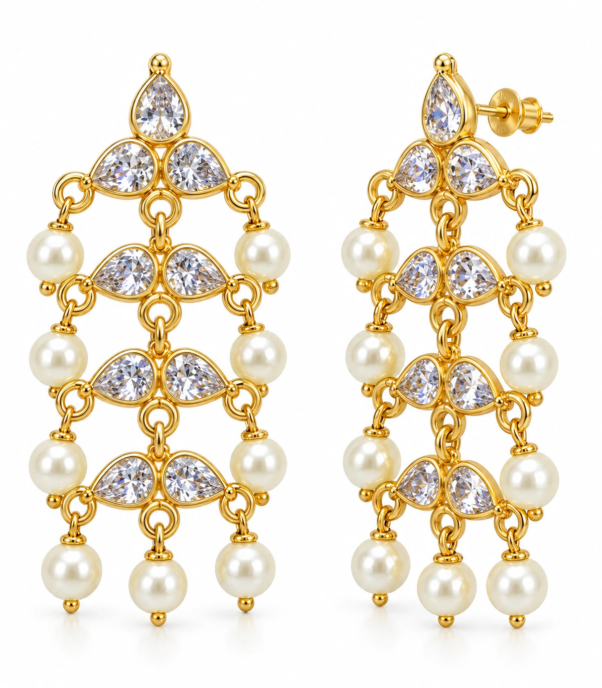 JIMIKI Gold Tone clear-crystal pearl chandelier earrings, pair on a white background #color_gold-tone