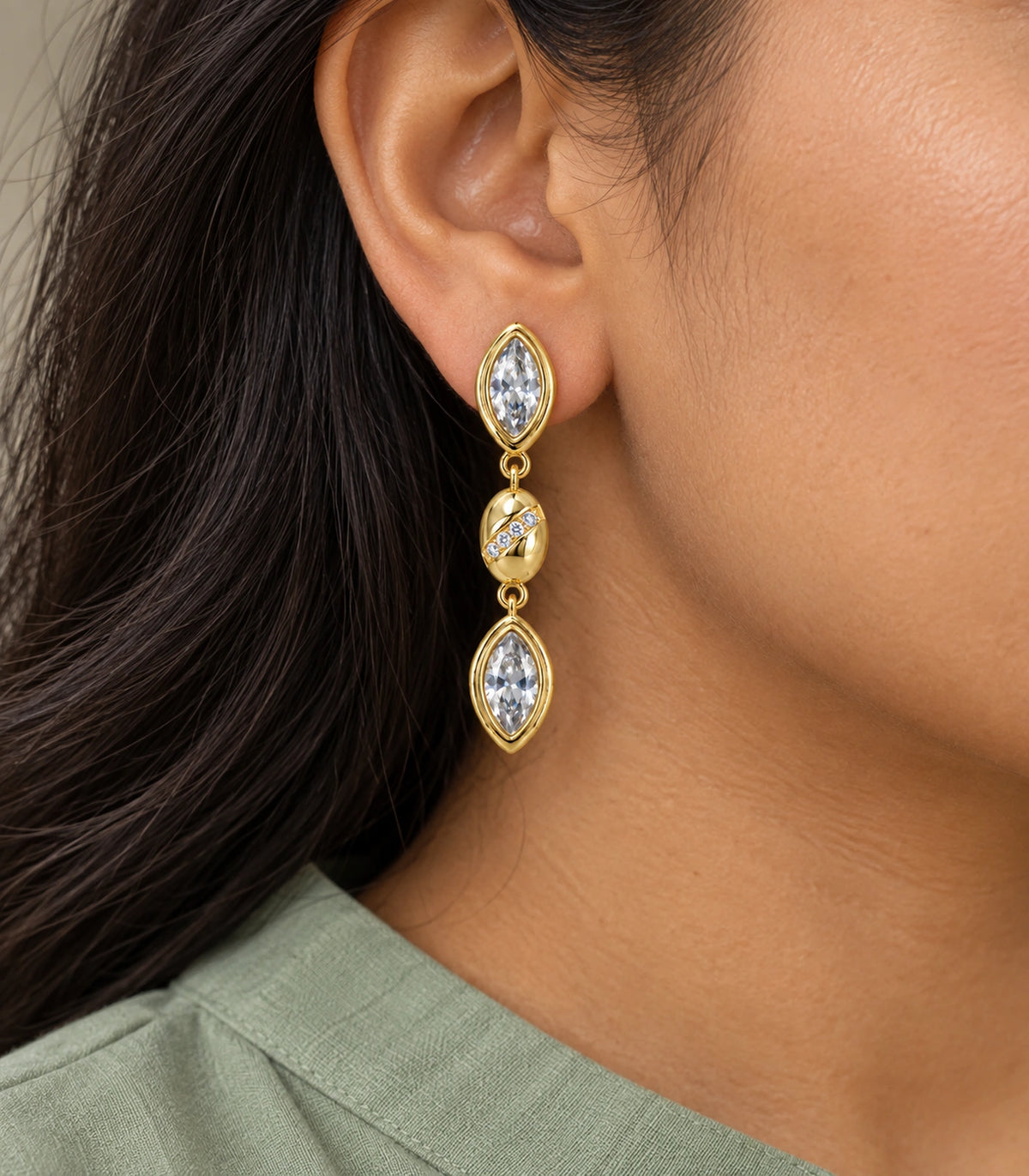 JIMIKI Marquise Crystal Oval Link Drop Earring Pair in Gold-tone, close-up detail #color_gold-tone
