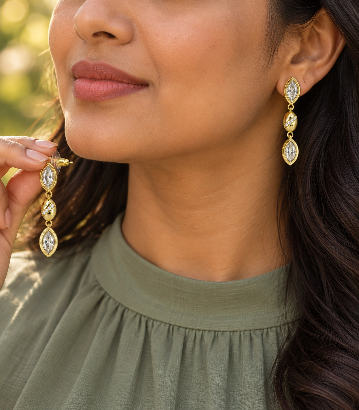 JIMIKI Marquise Crystal Oval Link Drop Earring Pair in Gold-tone, editorial model view #color_gold-tone