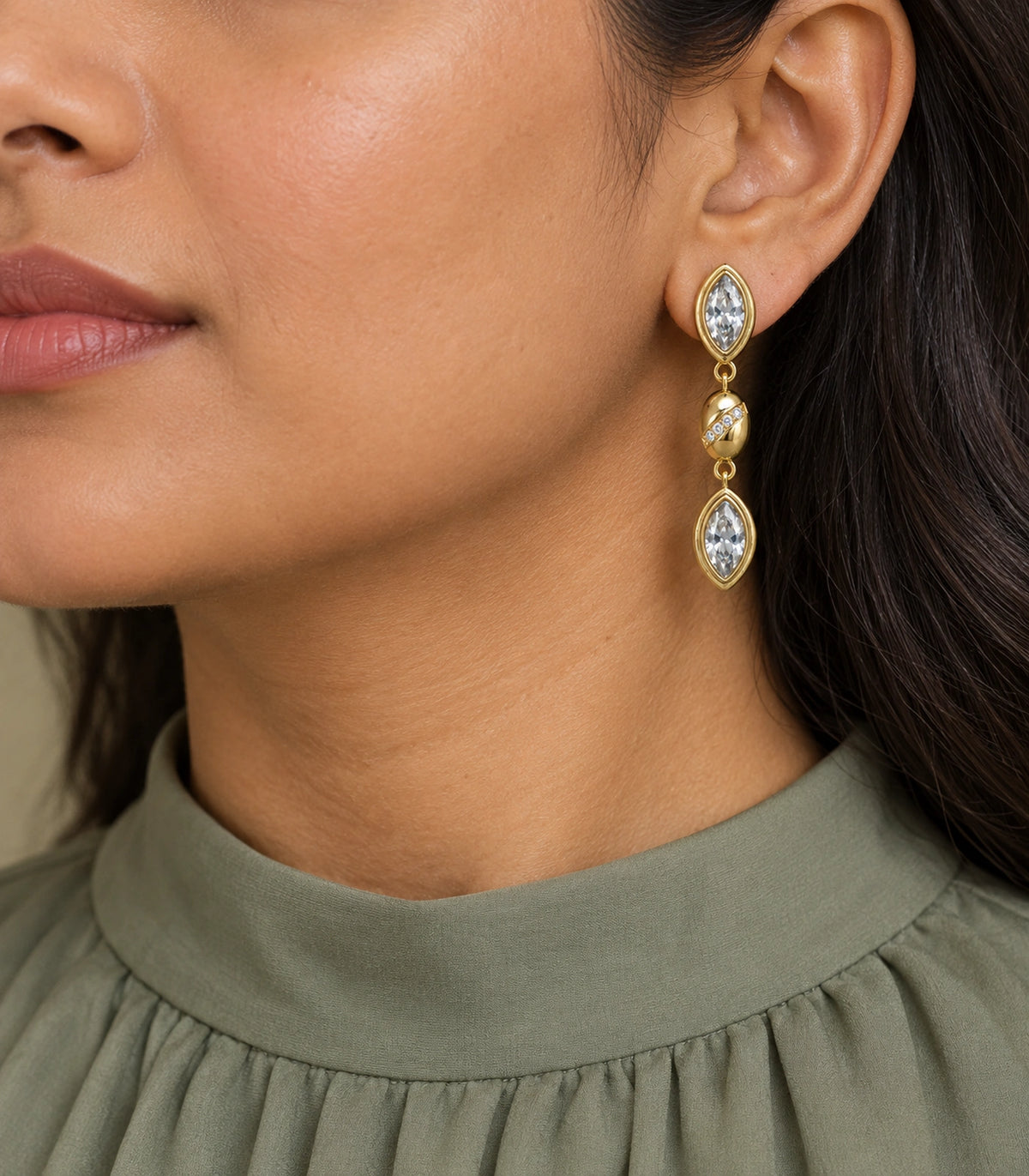 JIMIKI Marquise Crystal Oval Link Drop Earring Pair in Gold-tone, model wearing view #color_gold-tone