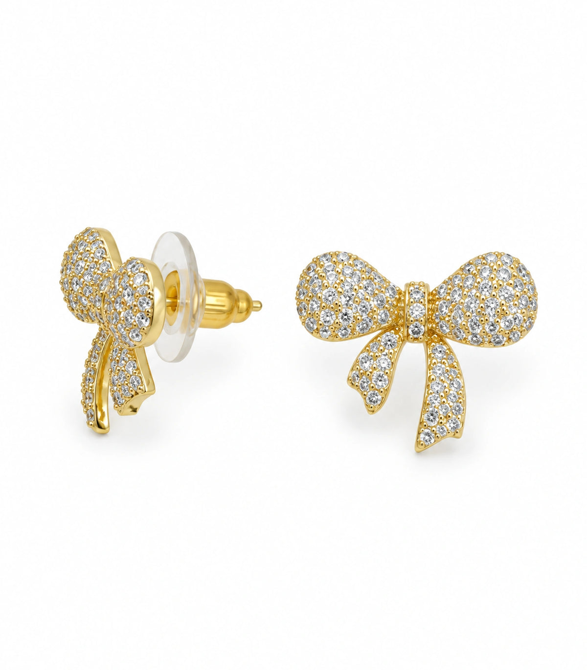 JIMIKI Pave Ribbon Bow Stud Earring Pair in Gold-tone, white background product view #color_gold-tone