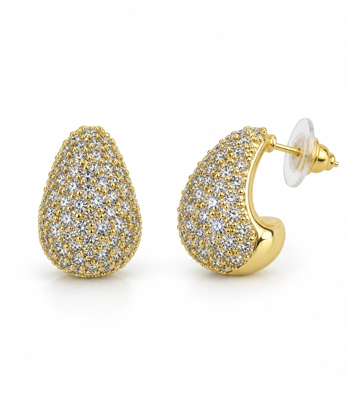 JIMIKI Gold Tone Clear Pave Teardrop Stud Earring Pair in Gold-tone, white background product view