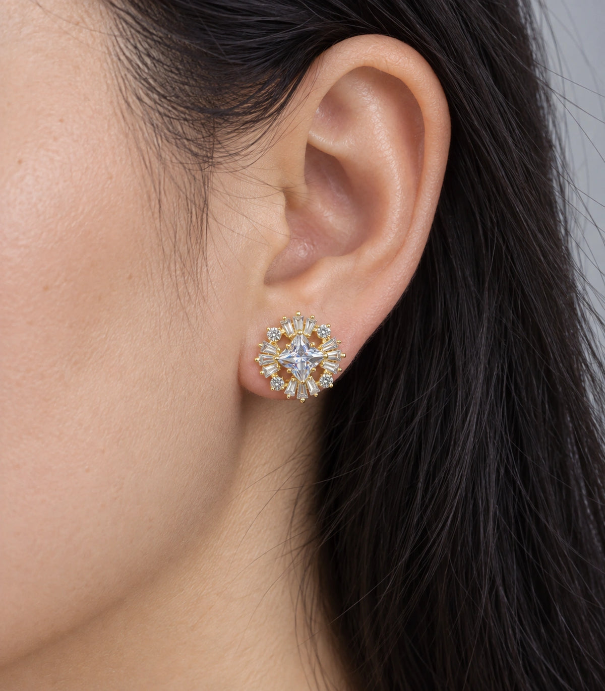 JIMIKI Star Crystal Baguette Halo Stud Earring Pair in Gold tone, close-up detail #color_gold tone
