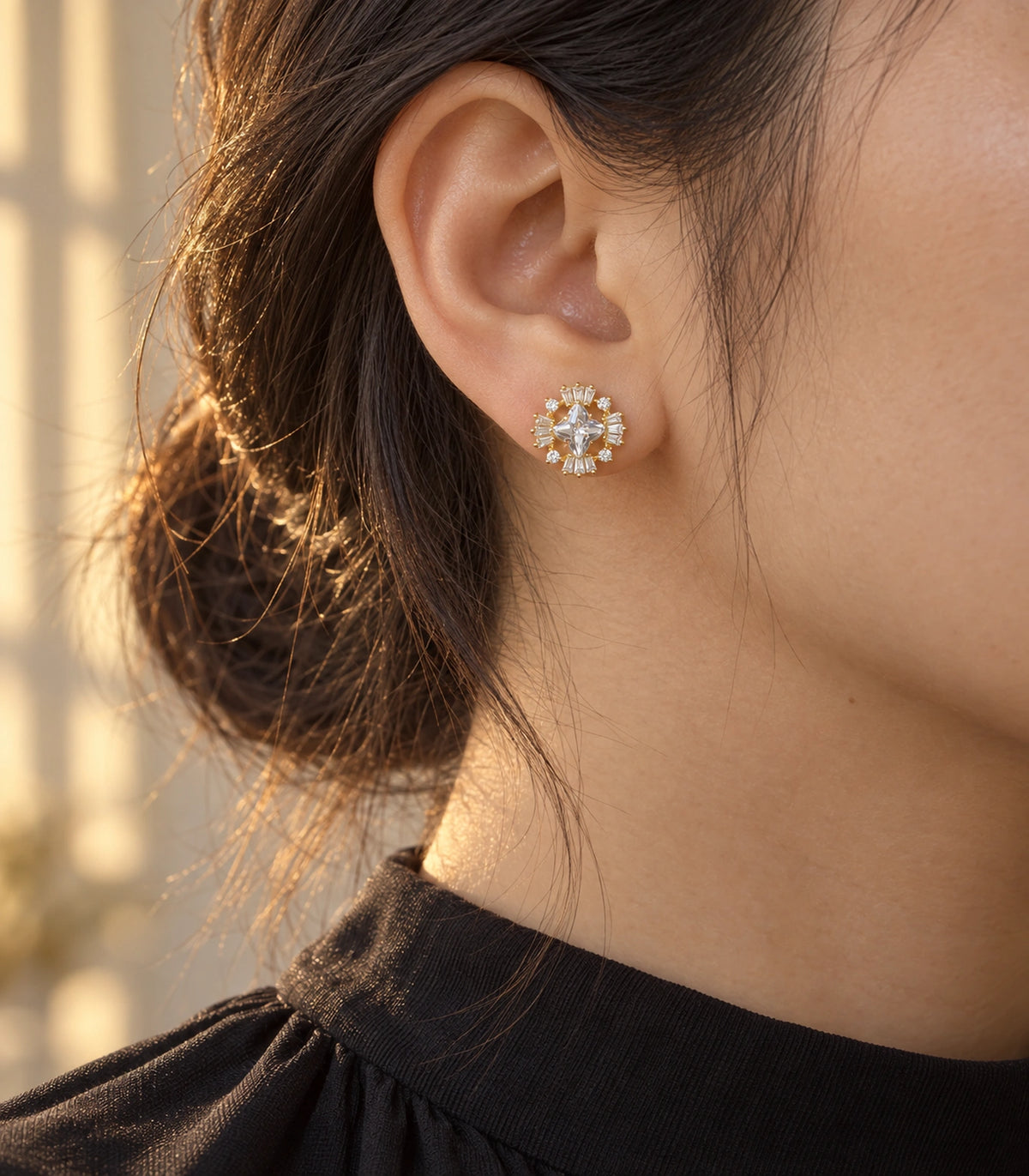 JIMIKI Star Crystal Baguette Halo Stud Earring Pair in Gold tone, editorial model view #color_gold tone