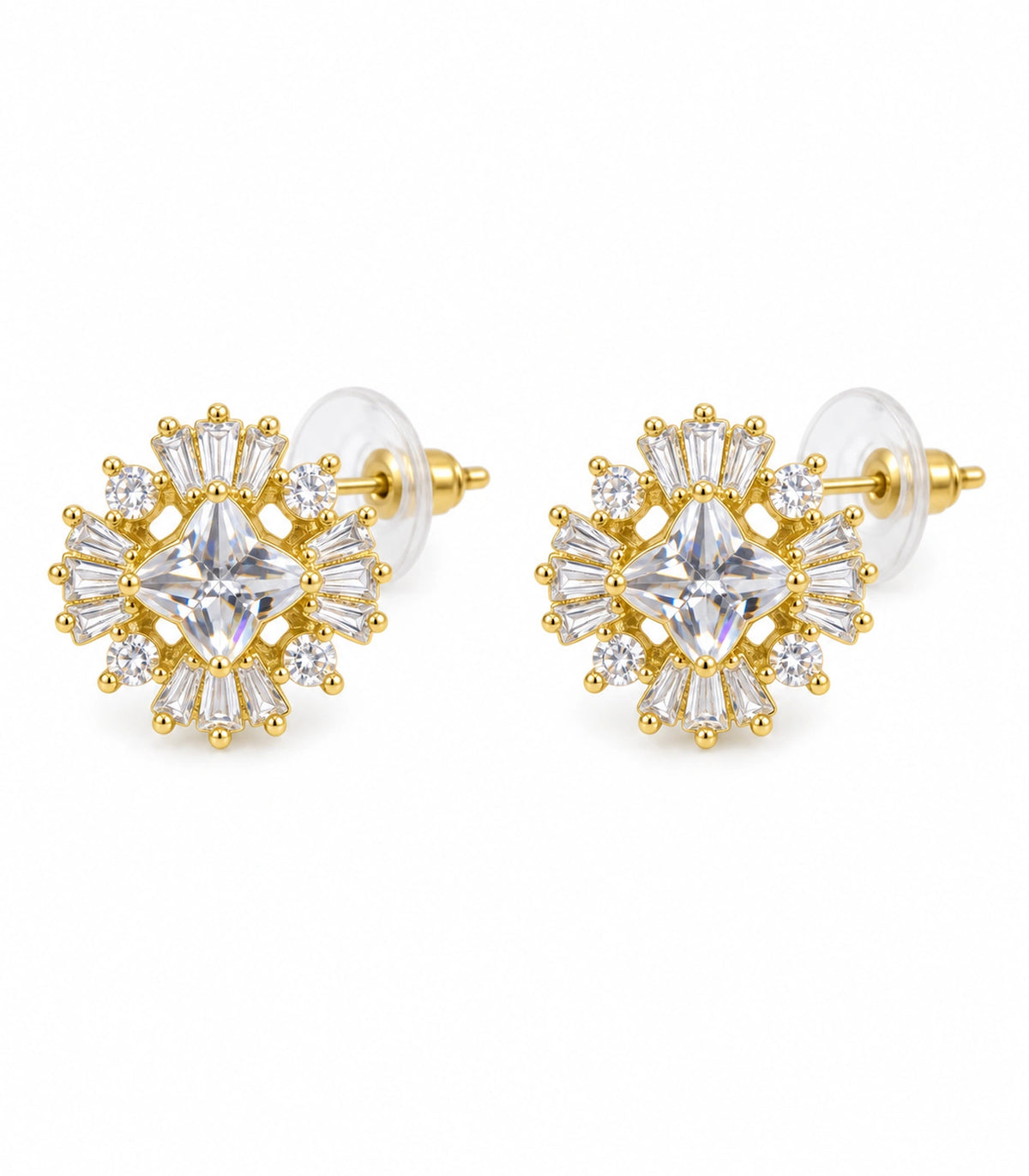 JIMIKI Star Crystal Baguette Halo Stud Earring Pair in Gold tone, white background product view #color_gold tone