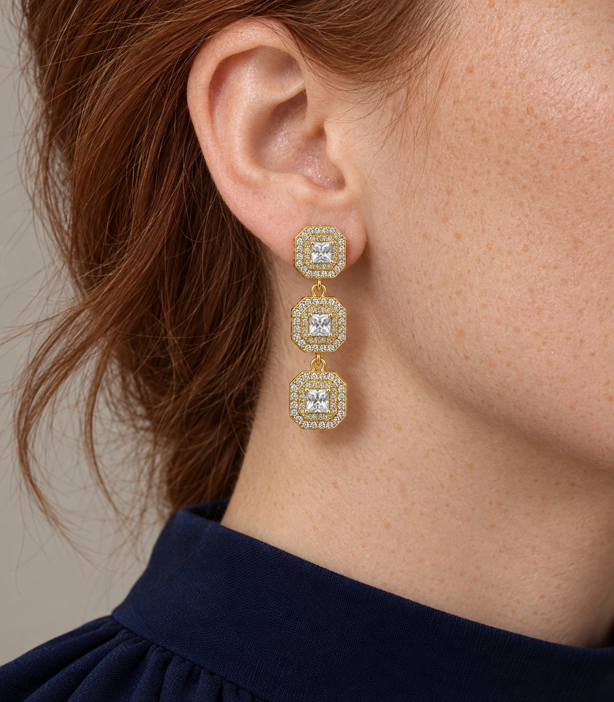 JIMIKI Triple Square Halo Drop Earring Pair in Gold tone / clear, close-up detail #color_gold tone / clear