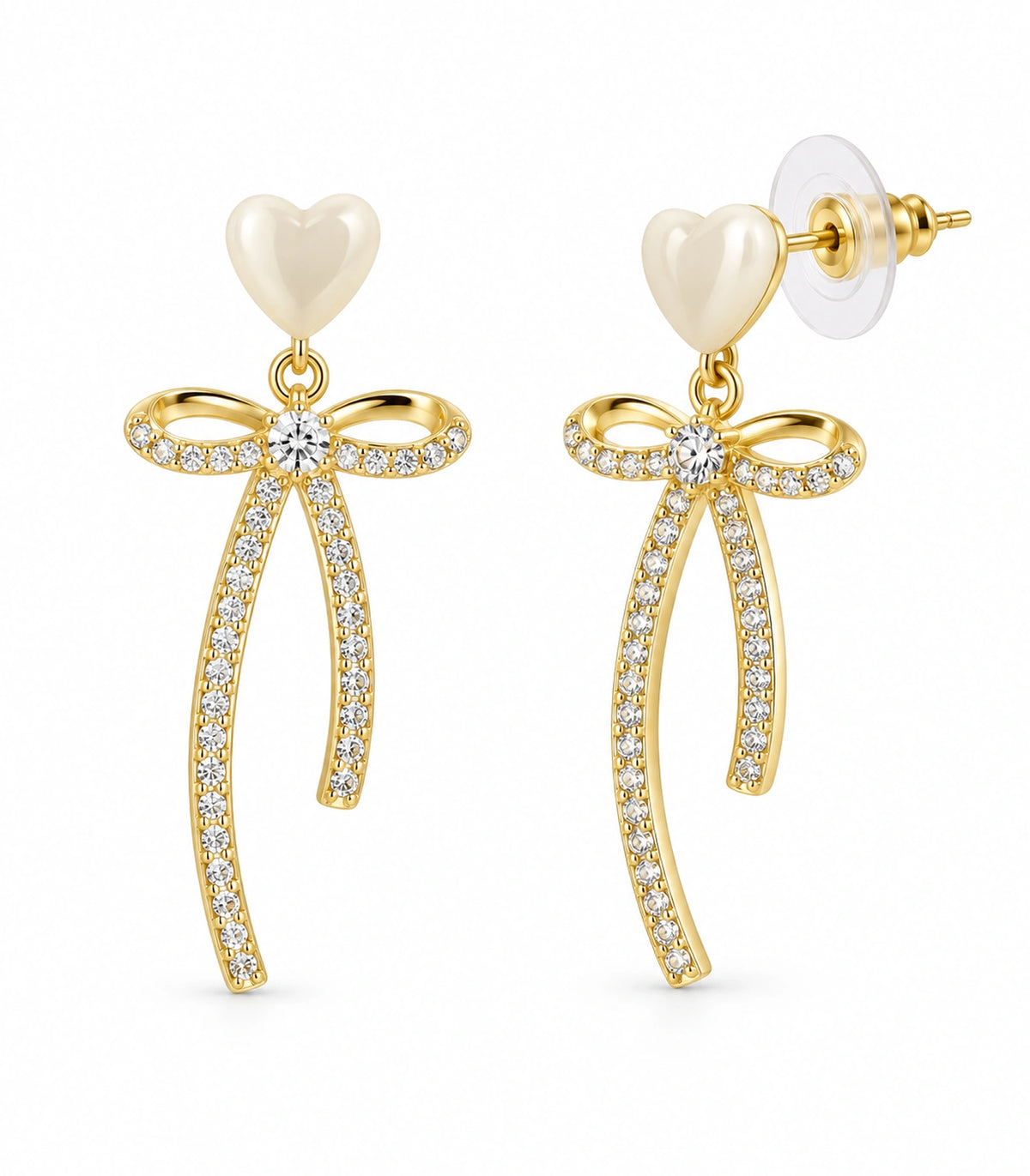 JIMIKI Heart Crystal Ribbon Bow Drop Earring Pair in Gold-tone / Cream, white background product view #color_gold-tone / cream