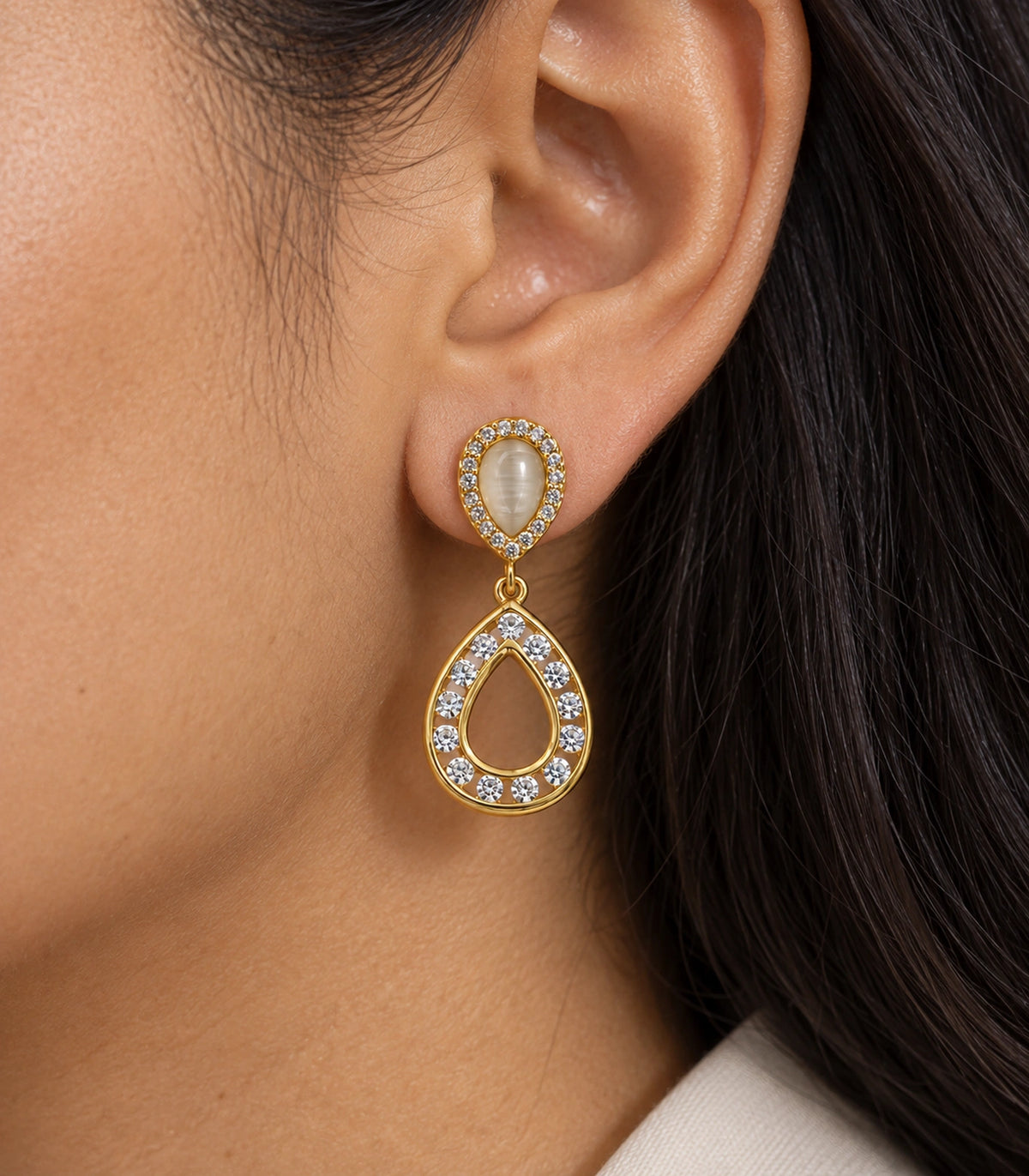 JIMIKI Gold Tone Cream Teardrop Crystal Halo Drop Earring Pair in Gold tone / Cream, close-up detail