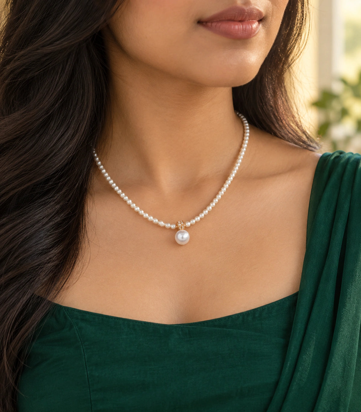 JIMIKI Gold-Tone Crystal Bail Pearl Drop Necklace in Gold-tone / white, styled on a model in an editorial setting