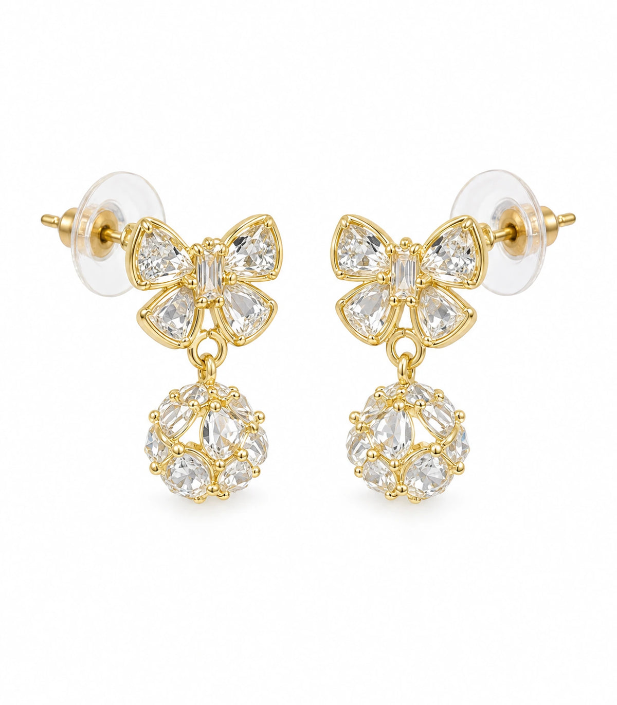 JIMIKI Gold-Tone Crystal Butterfly Ball Drop Earrings — pair on white background #color_gold-tone / clear