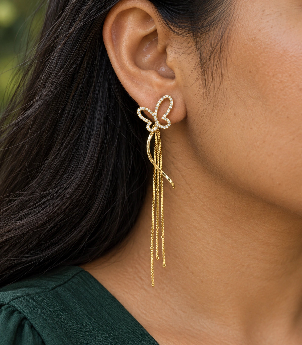 JIMIKI Butterfly Ribbon Chain Drop Earrings in Gold-tone, close-up detail #color_gold-tone
