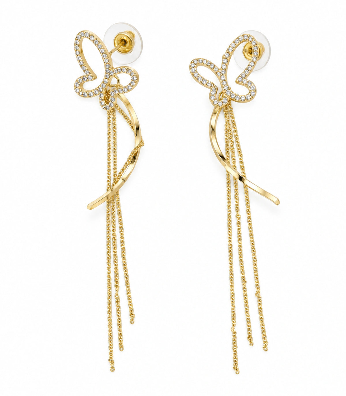 JIMIKI Butterfly Ribbon Chain Drop Earrings in Gold-tone, white background product view #color_gold-tone