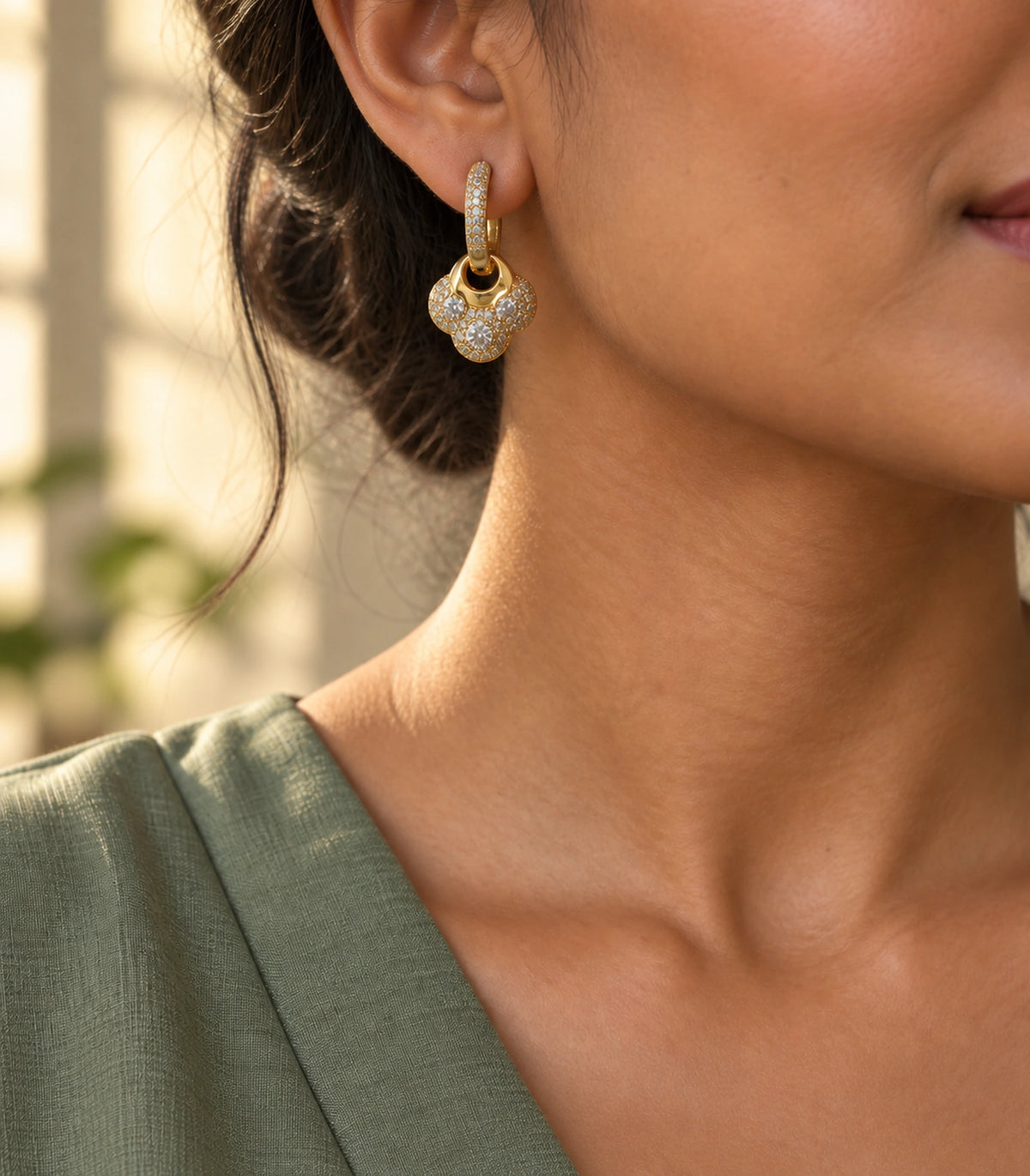 JIMIKI Crystal Clover Charm Hoop Earring Pair in Gold Tone, editorial model view #color_gold tone