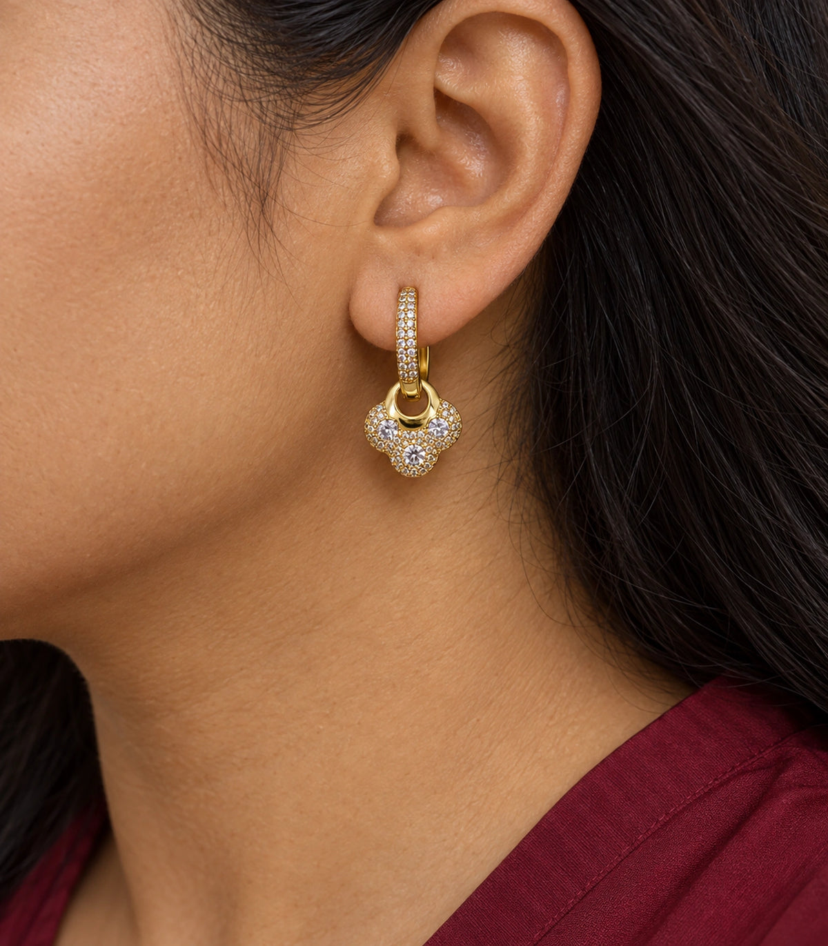 JIMIKI Crystal Clover Charm Hoop Earring Pair in Gold Tone, model wearing view #color_gold tone