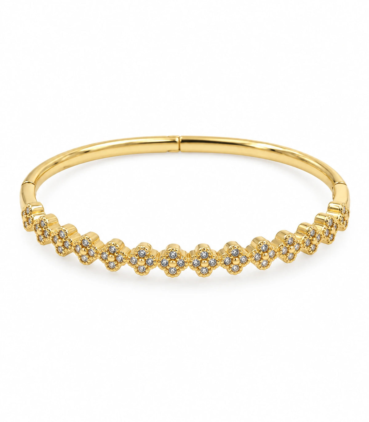 JIMIKI Gold-Tone Crystal Clover Row Bangle — bangle on white background #color_gold-tone / clear