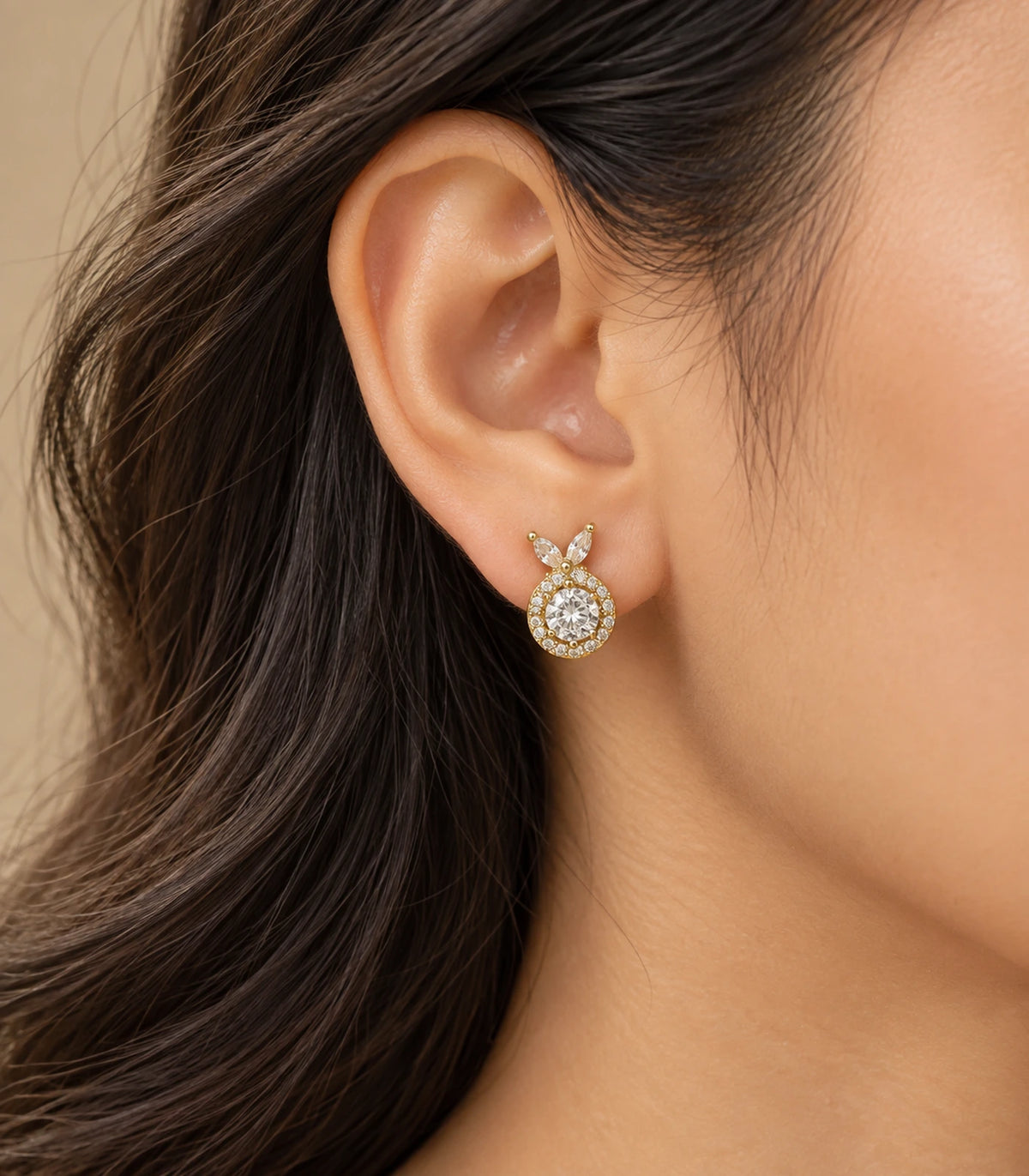 JIMIKI Crystal Halo Leaf Stud Earrings in Gold Tone - editorial-model #color_gold-tone