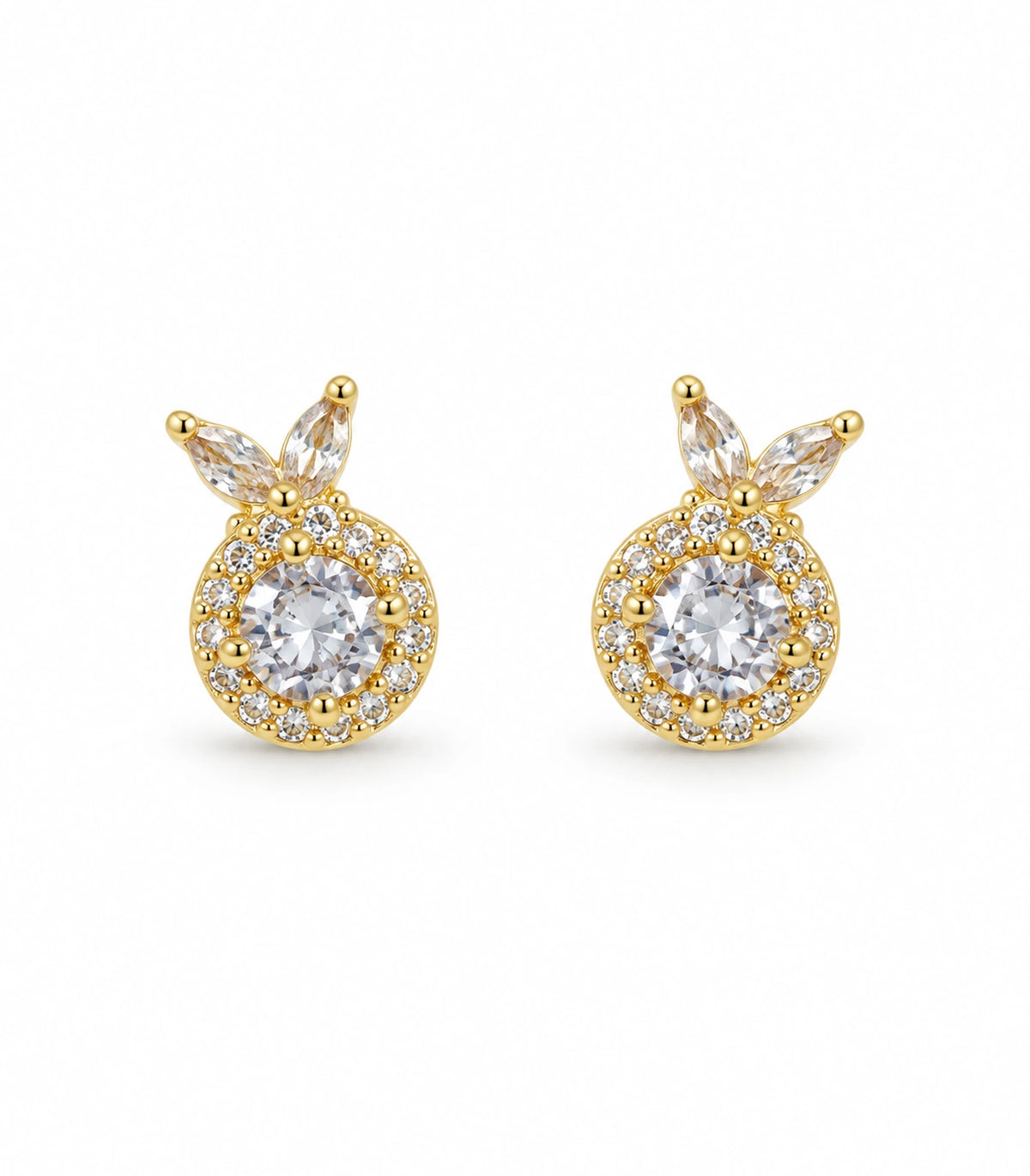 JIMIKI Crystal Halo Leaf Stud Earrings in Gold Tone - white-background #color_gold-tone