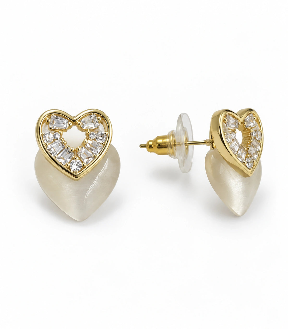 JIMIKI Gold-Tone Crystal Heart Stud Earring Pair in Gold Tone, white background product view