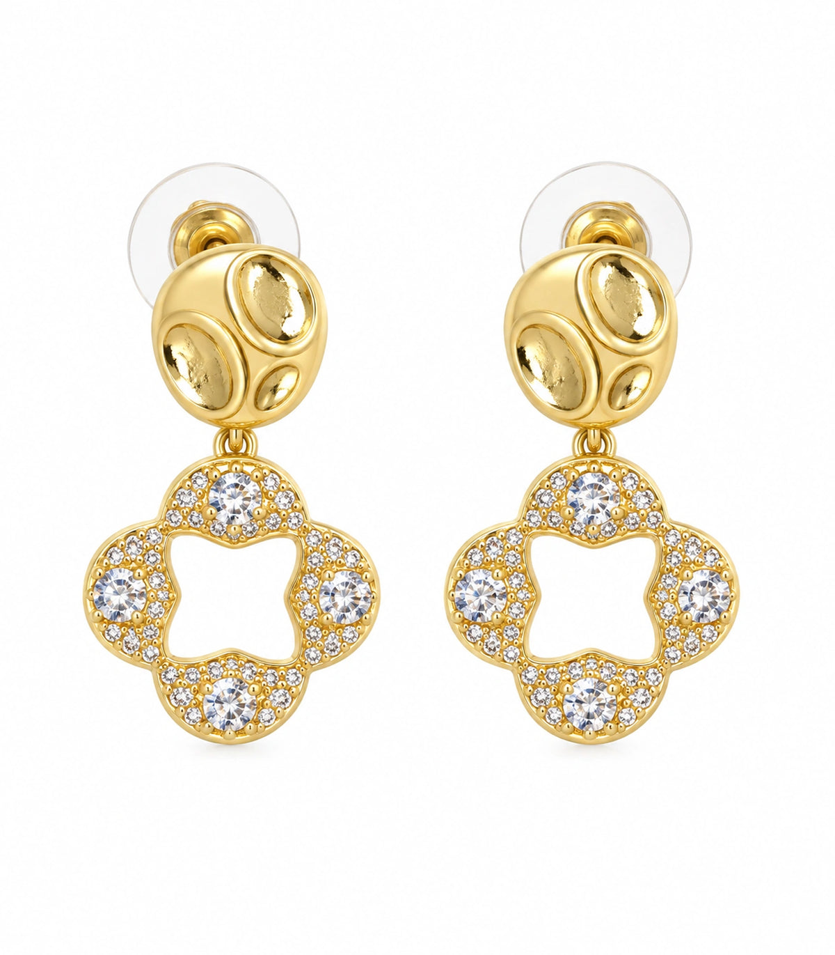 JIMIKI Gold-Tone Crystal Open Quatrefoil Organic Pebble Drop Earrings in Gold / Clear, white background product view