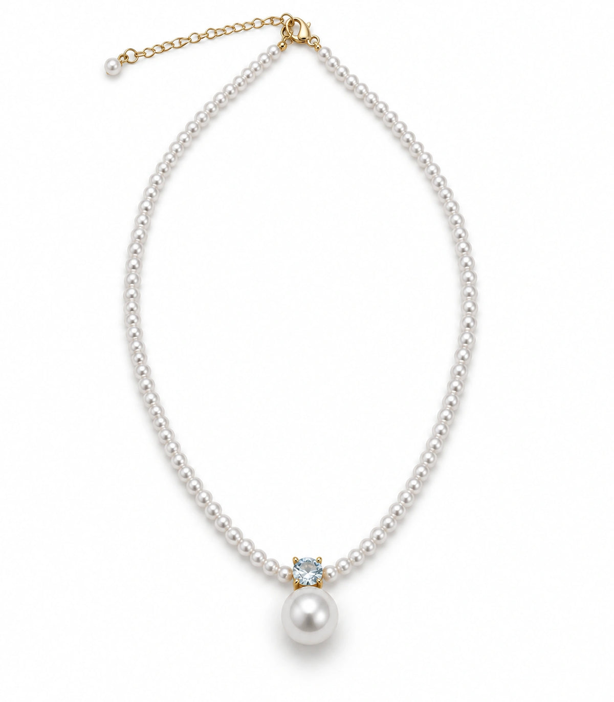 JIMIKI Gold Tone Crystal Pearl Drop Beaded Necklace in Gold tone / white, white background product view