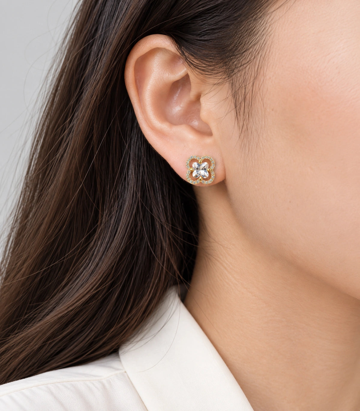 JIMIKI Crystal Quatrefoil Halo Stud Earring Pair in Gold Tone, close-up detail #color_gold tone