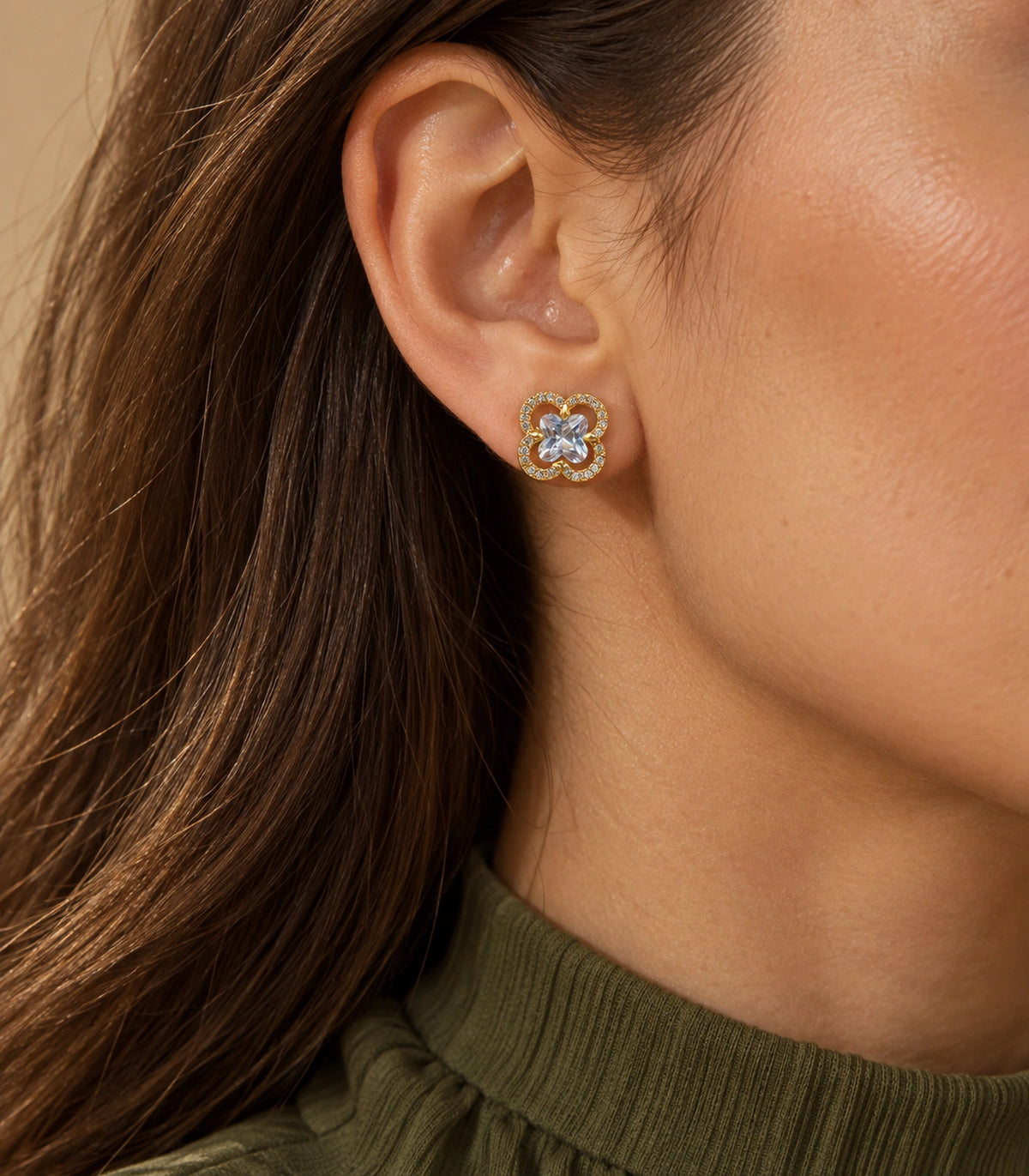 JIMIKI Crystal Quatrefoil Halo Stud Earring Pair in Gold Tone, editorial model view #color_gold tone
