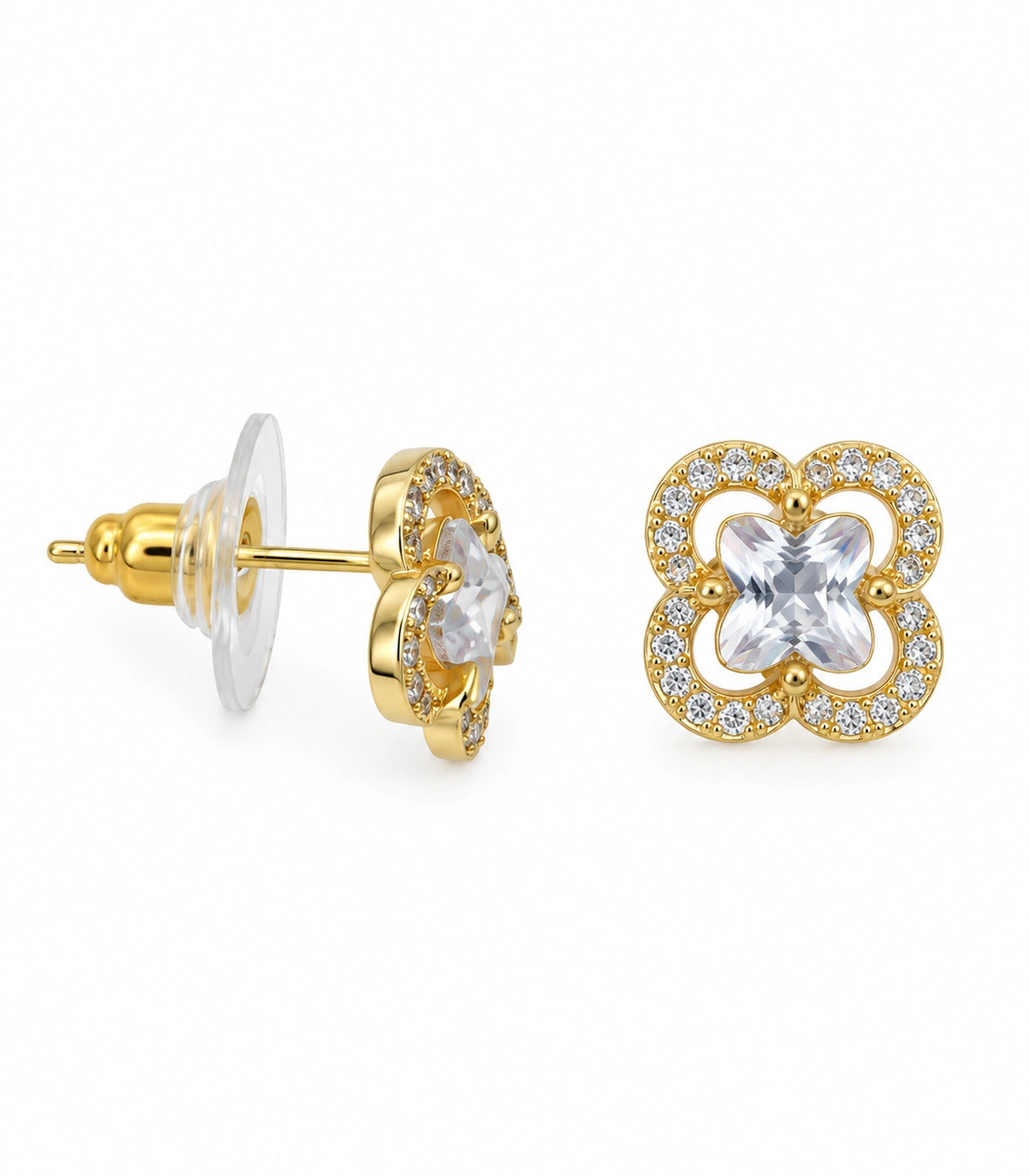 JIMIKI Crystal Quatrefoil Halo Stud Earring Pair in Gold Tone, white background product view #color_gold tone